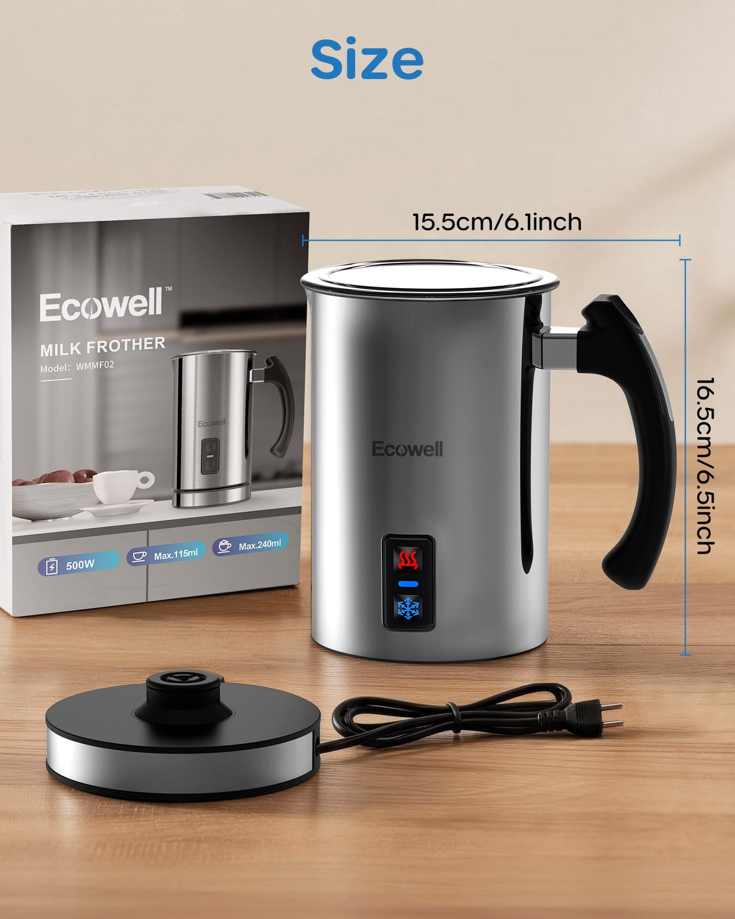 ECOWELL Milk Frother, Coffee Frother Electric, Automatic Hot and Cold Foam Frother, Stainless Steel Milk Steamer and Frother for Latte, Macchiato, Cappuccinos 8.1oz/240 ml Silver, WMMF02