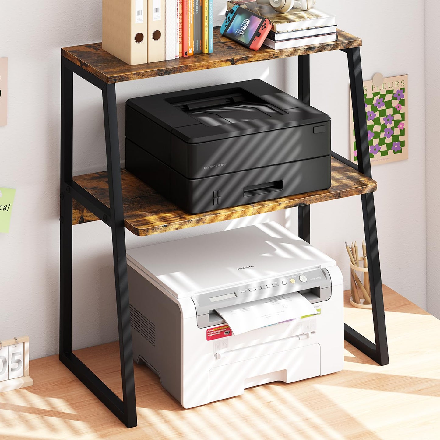 Arbuxzuy Rustic Brown 3 Tier Desk Shelf, Large Printer Stands Office Organization Shelves for Home Office Printer Fax Book