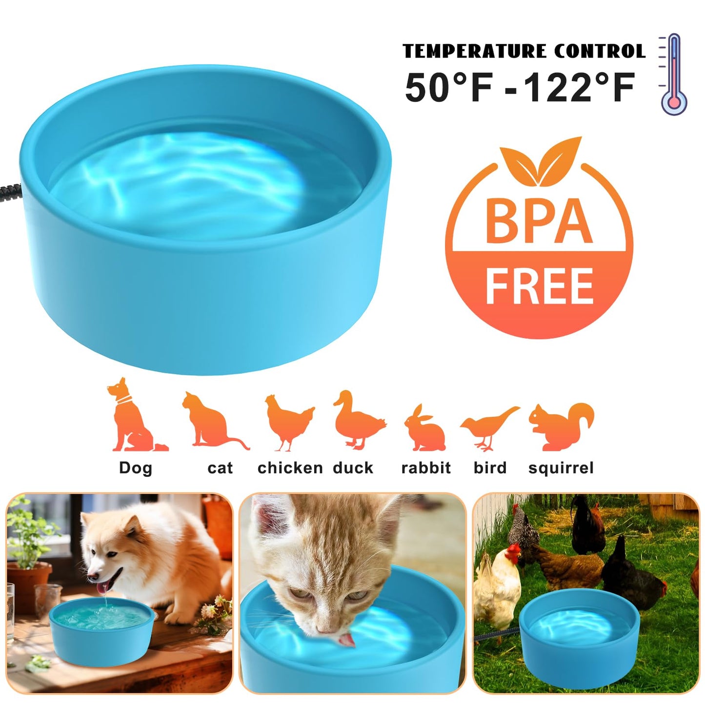 Heated Pet Bowl - KOKOPRO 3.2L for Dogs Cats, Heated Pets Bowl, Outdoor Water Bowl for Rabbit Chicken Duck Squirrel, 108 Ounces 30 Watts Feral Cat Feeding Station, No More Frozen Food or Water