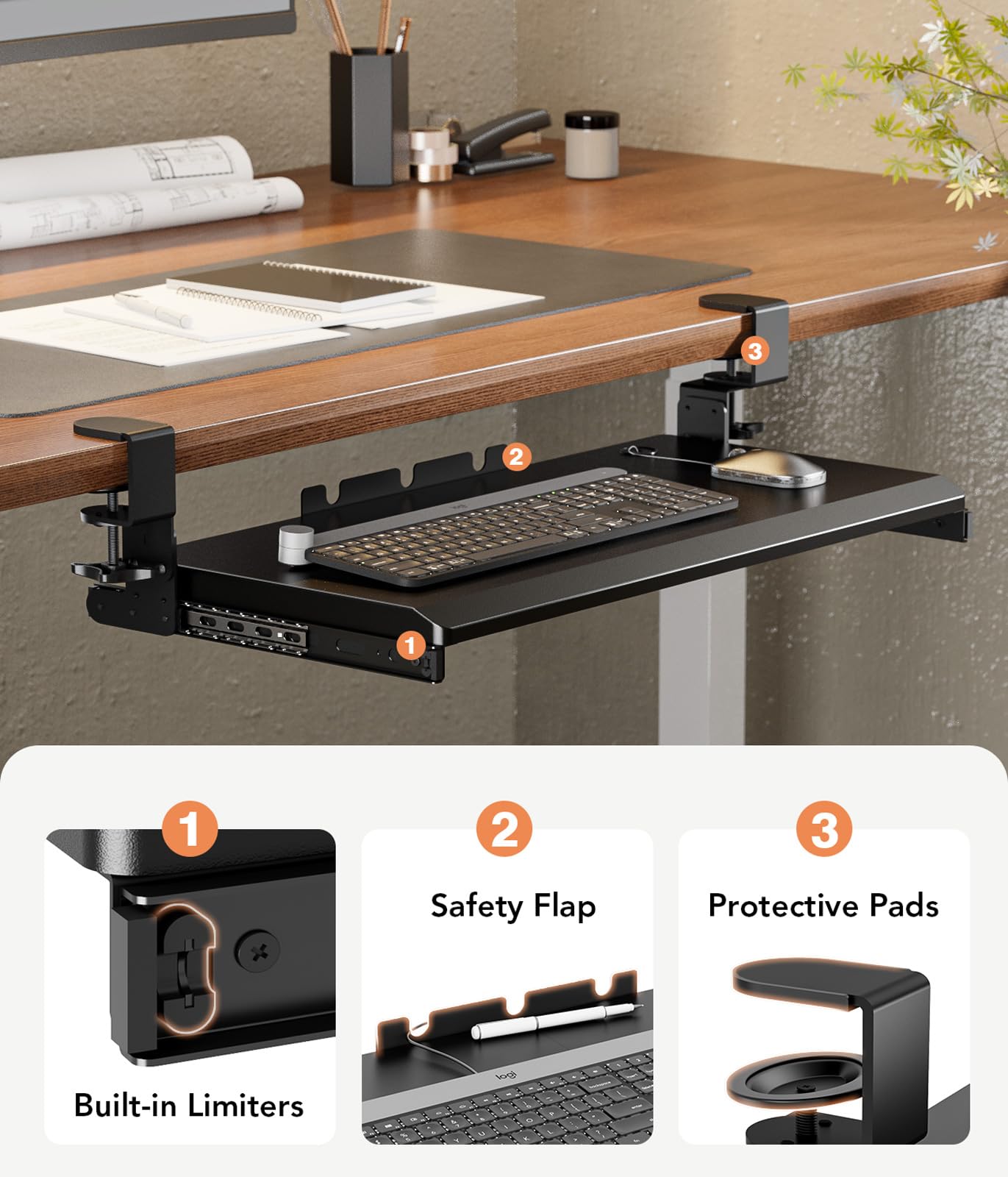 Keyboard Tray Under Desk Pull Out with Extra Sturdy C Clamp Mount System, 27(32 inch Including Clamps) x 11 Inch Slide-Out Platform Computer Drawer for Typing Black