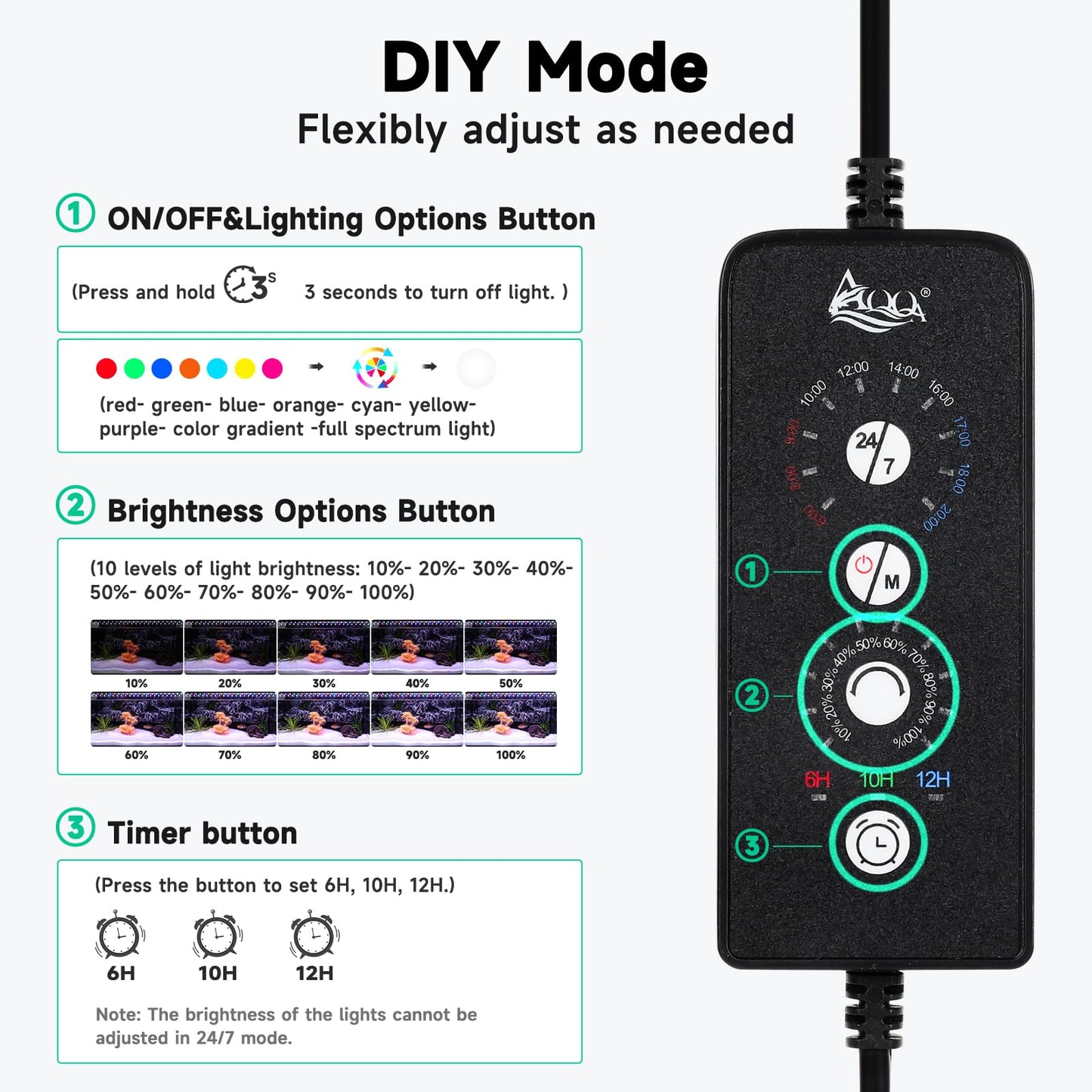 AQQA LED Aquarium Light, 24/7 Mode IP68 Waterproof Extendable Bracket Fish Tank Light, DIY Mode Full Spectrum Aquarium Plant Lights, Adjustable Timer/Brightness Memory Function for 48-55 in Fish Tank