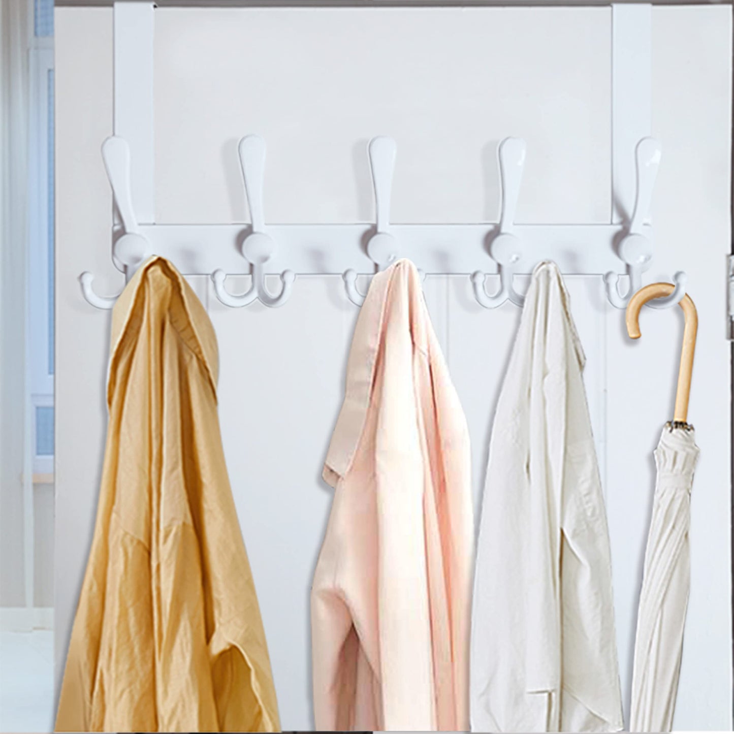 WEBI Over The Door Hook Rack with 5 Tri Hooks for Hanging Coats, Towels & Coats - White, 2 Packs