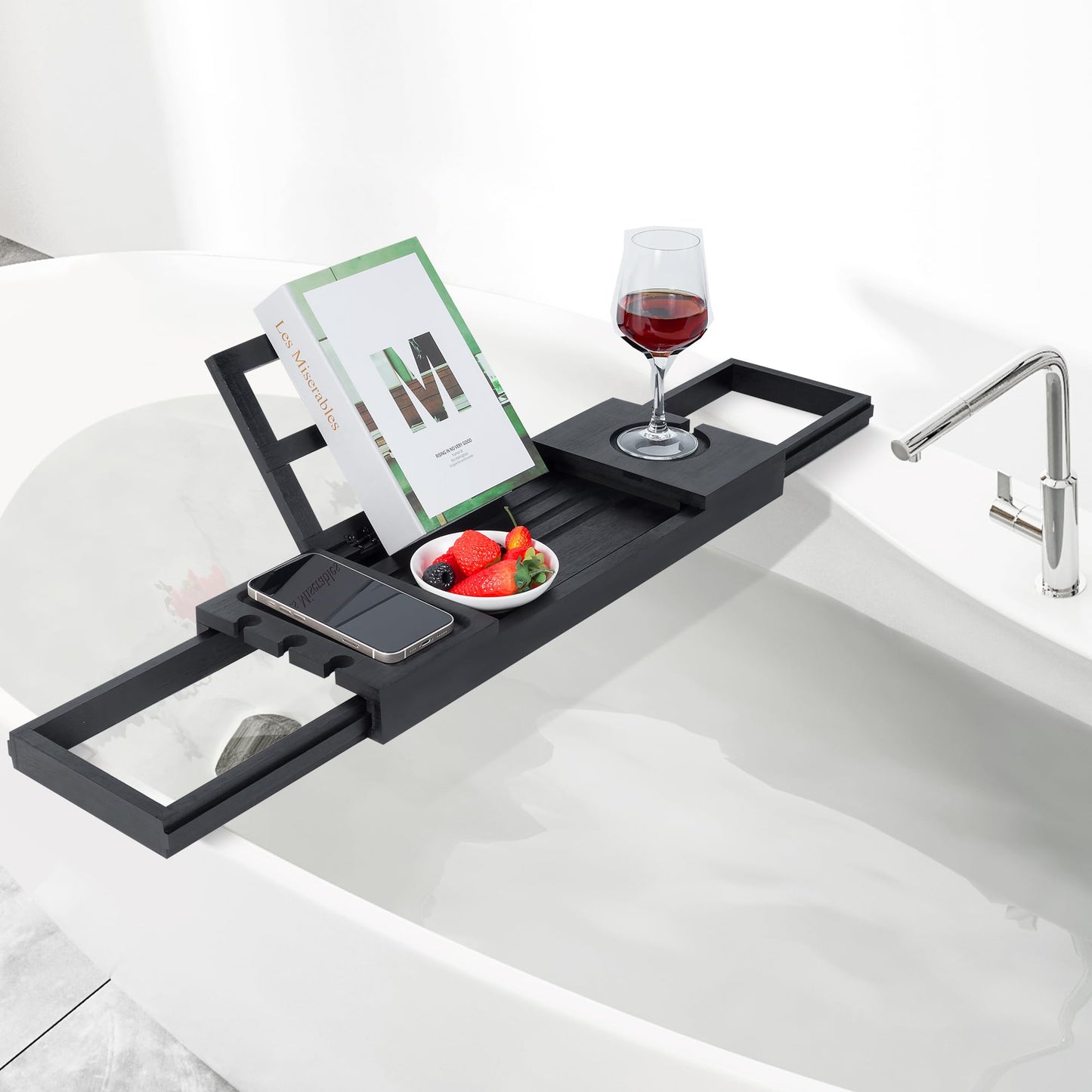 Utoplike Black Bathtub Trays, Bamboo Bath Trays for Bathtub, Expandable Bathtub Caddy Tray, Bath Tub Table Shelf with Adjustable Arms, Bathroom Trays for Books/Tablets/Cell Phone/Towels/Foods