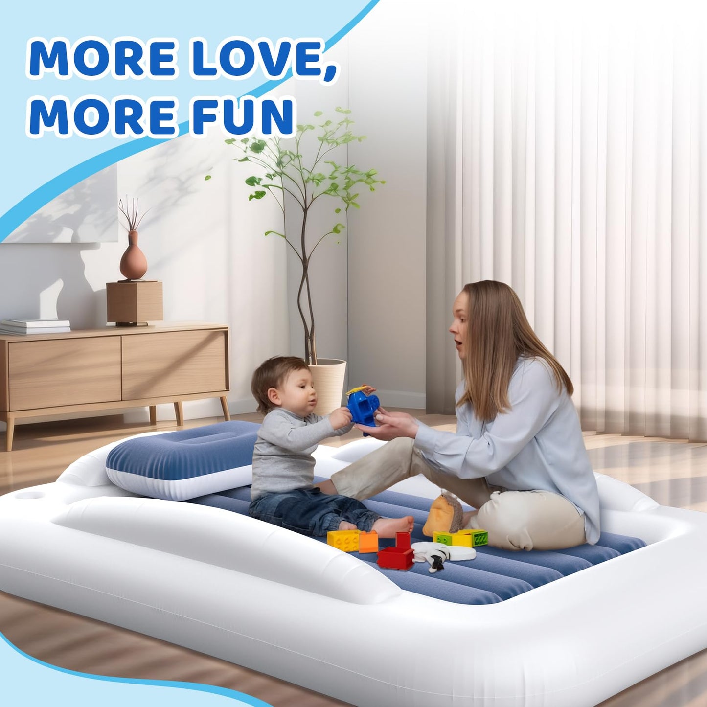 Deeteck Inflatable Toddler Travel Bed - 60 Inches Portable Toddler Bed for Travel with Safety Sides - Cozy Kids Air Mattress Set with High-Speed Pump & Carry Case - Lightweight & Easy to Inflate -Blue