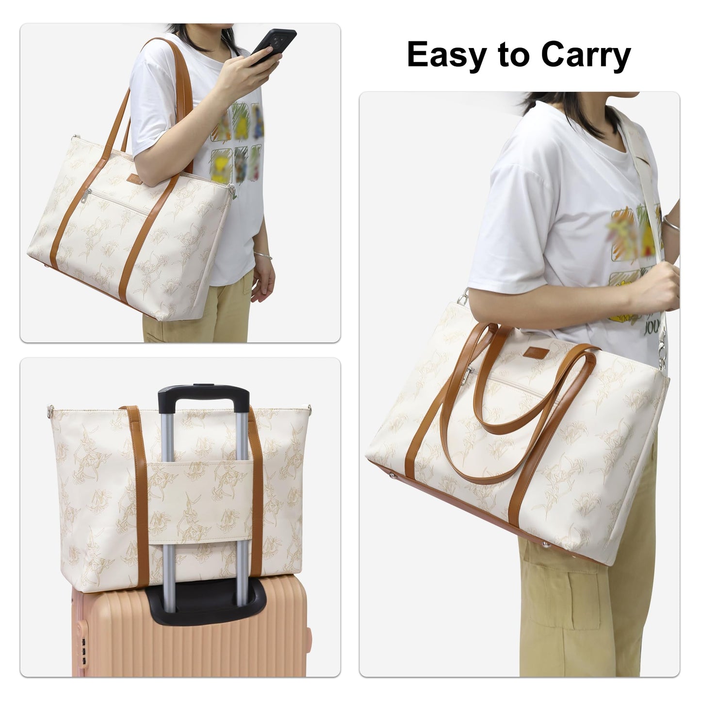 Laptop Bag for Women 17 Inch, Leather Laptop Tote Bag Waterproof Computer Bag Office Work Bag Business Briefcase with Compartment&Shoulder Straps (Beige/Brown Flower)