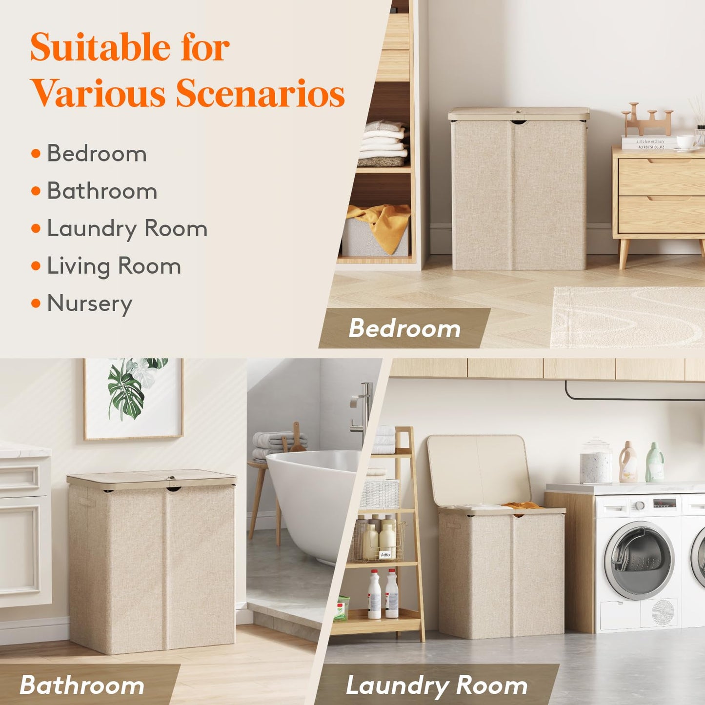 Lifewit 145L 2 Sections Laundry Hamper with Lid, Large Double Laundry Basket with Removable Bags, Plastic Tall Divided Dirty Clothes Hamper for Bedroom, Bathroom, Dorm, Laundry Room, Beige