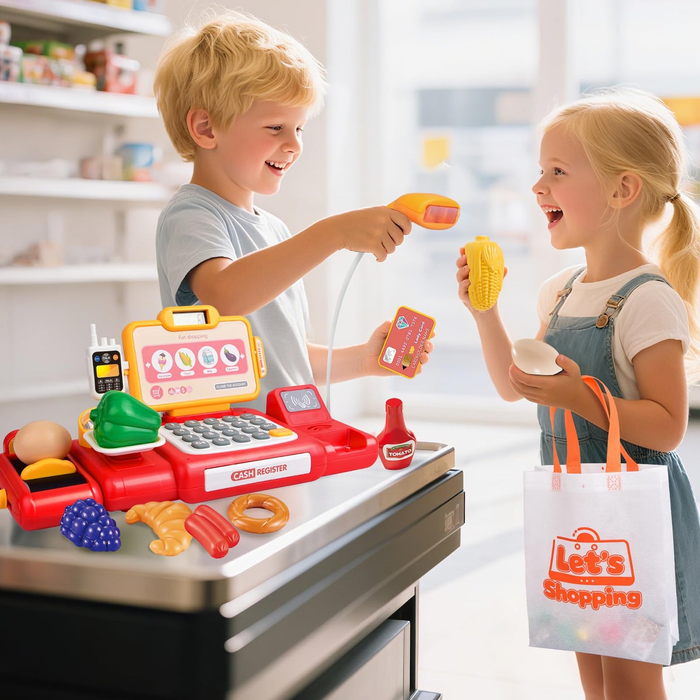 Kids Pretend Play Cash Register Toy Set for Supermarket Shopping, Cosplay Kitchen Toys Educational Learning Toy for Children Boys Girls Birthday (Red)