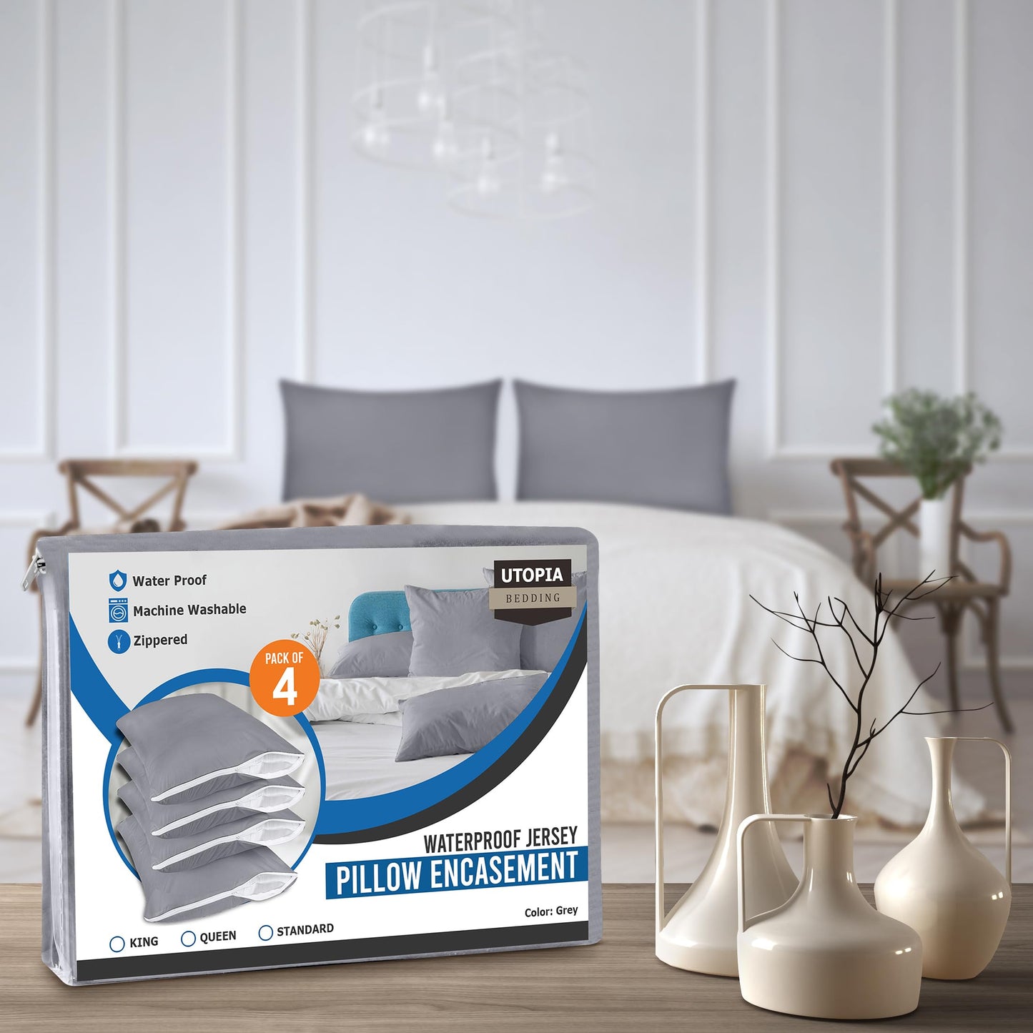 Utopia Bedding 4 Pack Waterproof Pillow Protectors with Zipper Queen Size (Gray), Bed Bug and Dust Mite Proof Pillow case Covers, Moisture Wicking Pillow Encasements 20 x 28 Inches