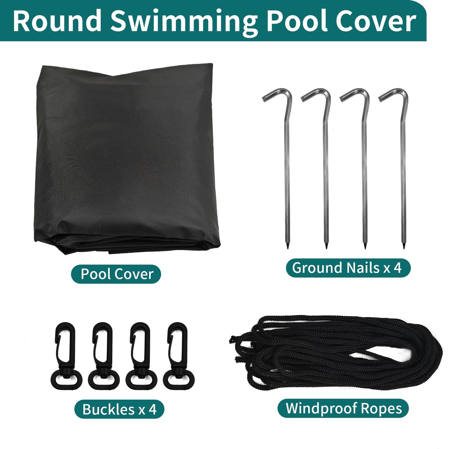 12FT Round Swimming Pool Cover, Heavy Duty 420D Oxford Fabric Garden Swimming Pool Dust Cover with Drawstring, Waterproof Round Pool Cover with Windproof Ropes and Ground Stakes
