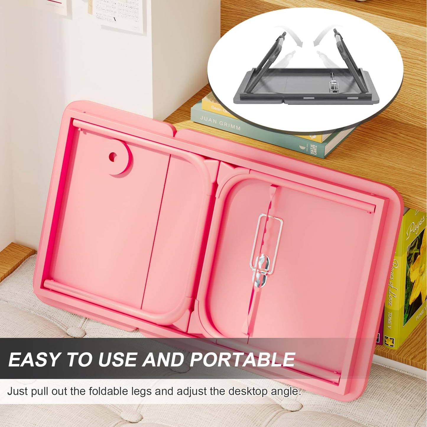Laptop Desk for Bed, Adjustable Laptop Stand with 5 Adjustable Angles, Portable Lap Tray Table with USB Charge Port and Cup Holder, Laptop Bed Desk Tray for Eating Working (Pink)