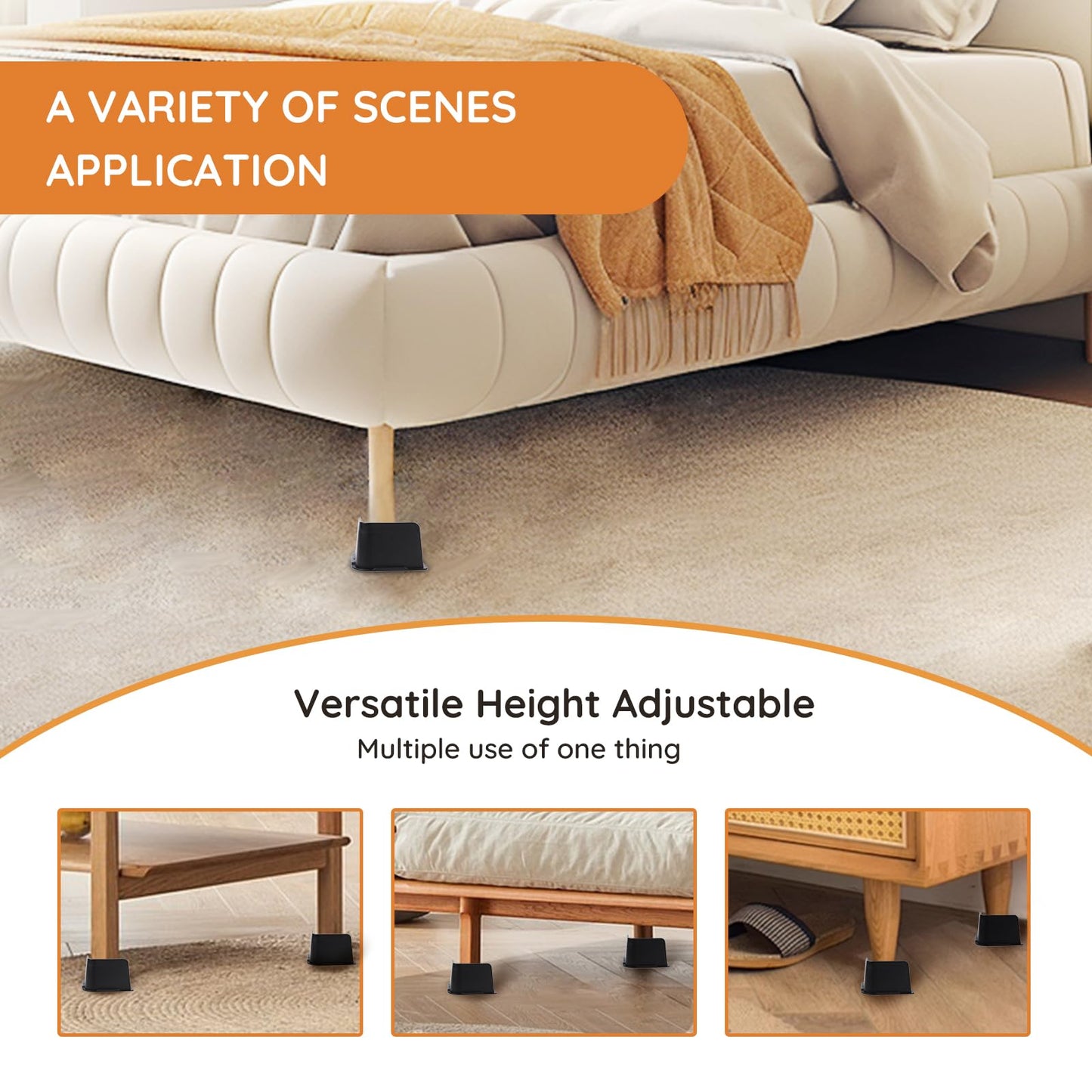 JONHWI Bed Risers, Oversized Furniture Risers, 3 inch Raise Blocks for Bed Couch Desk Sofa Table Lifts, Furniture Legs Lifters Support up to 6000 Lbs (Black, 4 Pack Set)