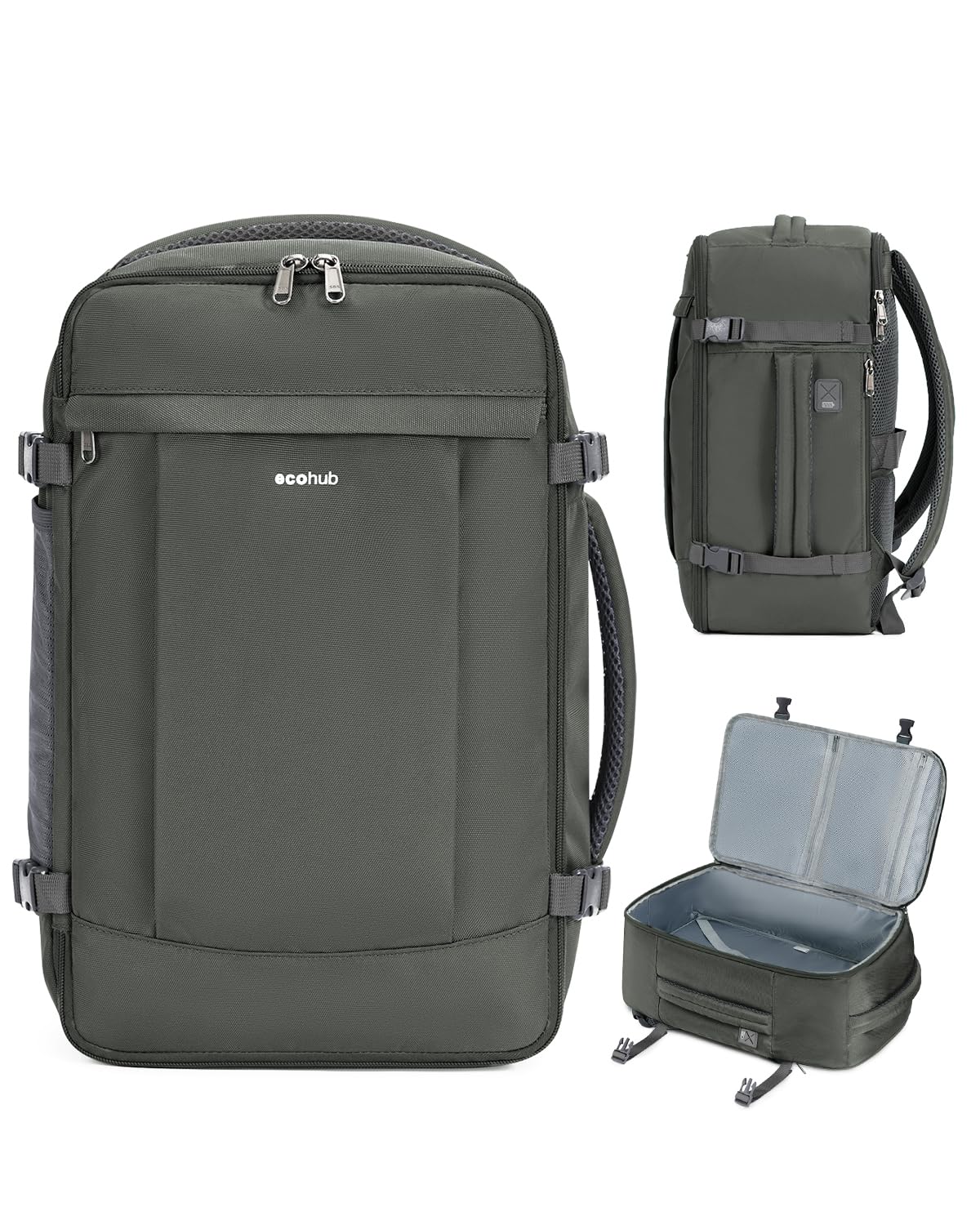 ECOHUB Travel Backpack for Women Men 17.3" Laptop Backpack Flight Approve Carry On Backpack Luggage with USB Charging Port Anti Theft Water Resistant Travel School Casual Work Backpacks 30L Grey Green