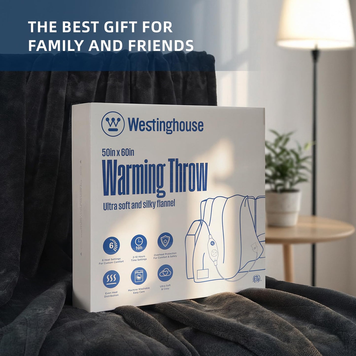 Westinghouse Electric Blanket Throw Heated Blanket with 6 Heating Levels and 2-10 Hours Time Settings, Flannel Super Cozy Heated Blanket Machine Washable (Charcoal, Throw Size 50 * 60")