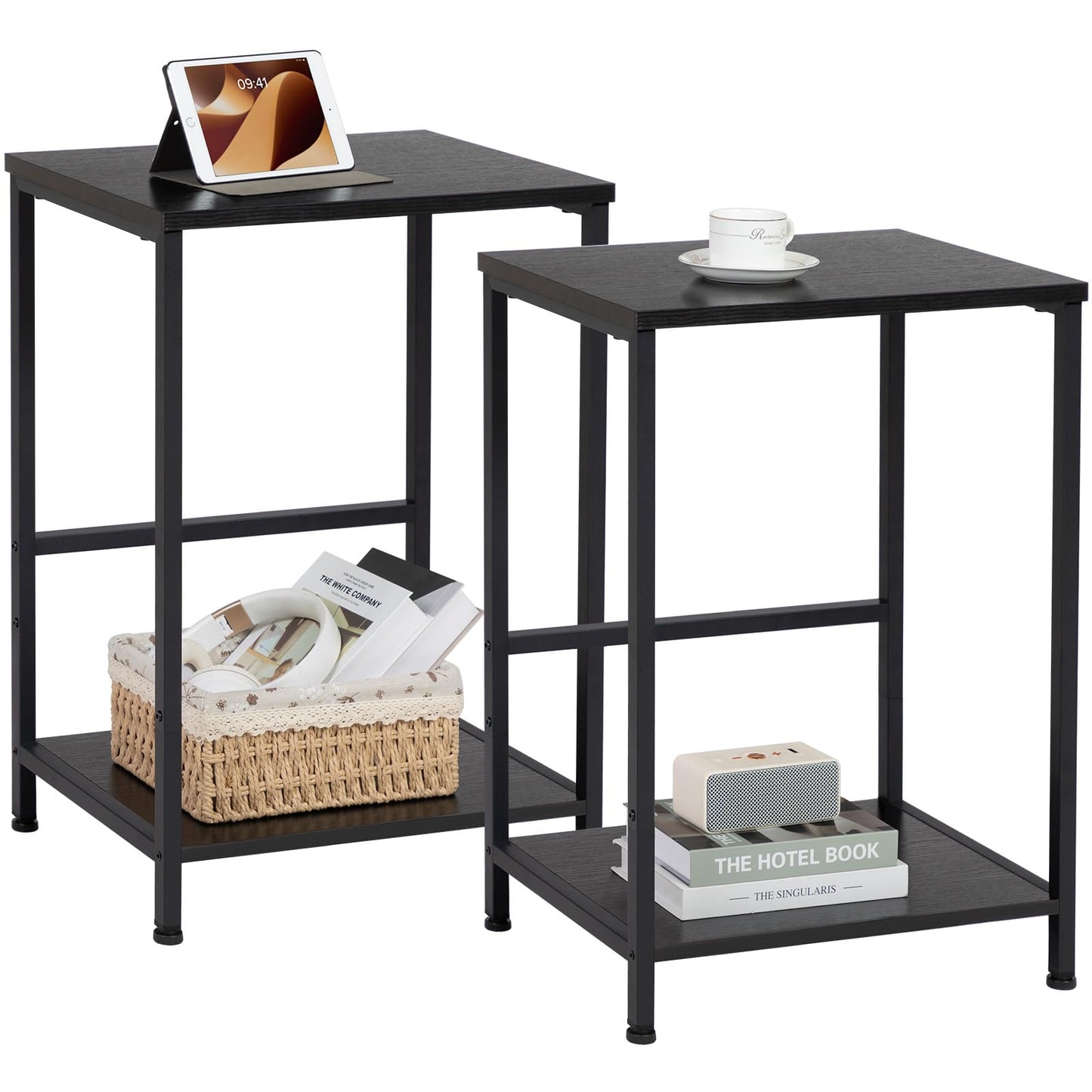 AMHANCIBLE Side Table, Set of 2, End Table for Living Room, Bedside Table with 2-Layer Storage Shelves for Small Spaces, Modern Nightstand with Steel Frame, Bedroom, Black HET03SQBK