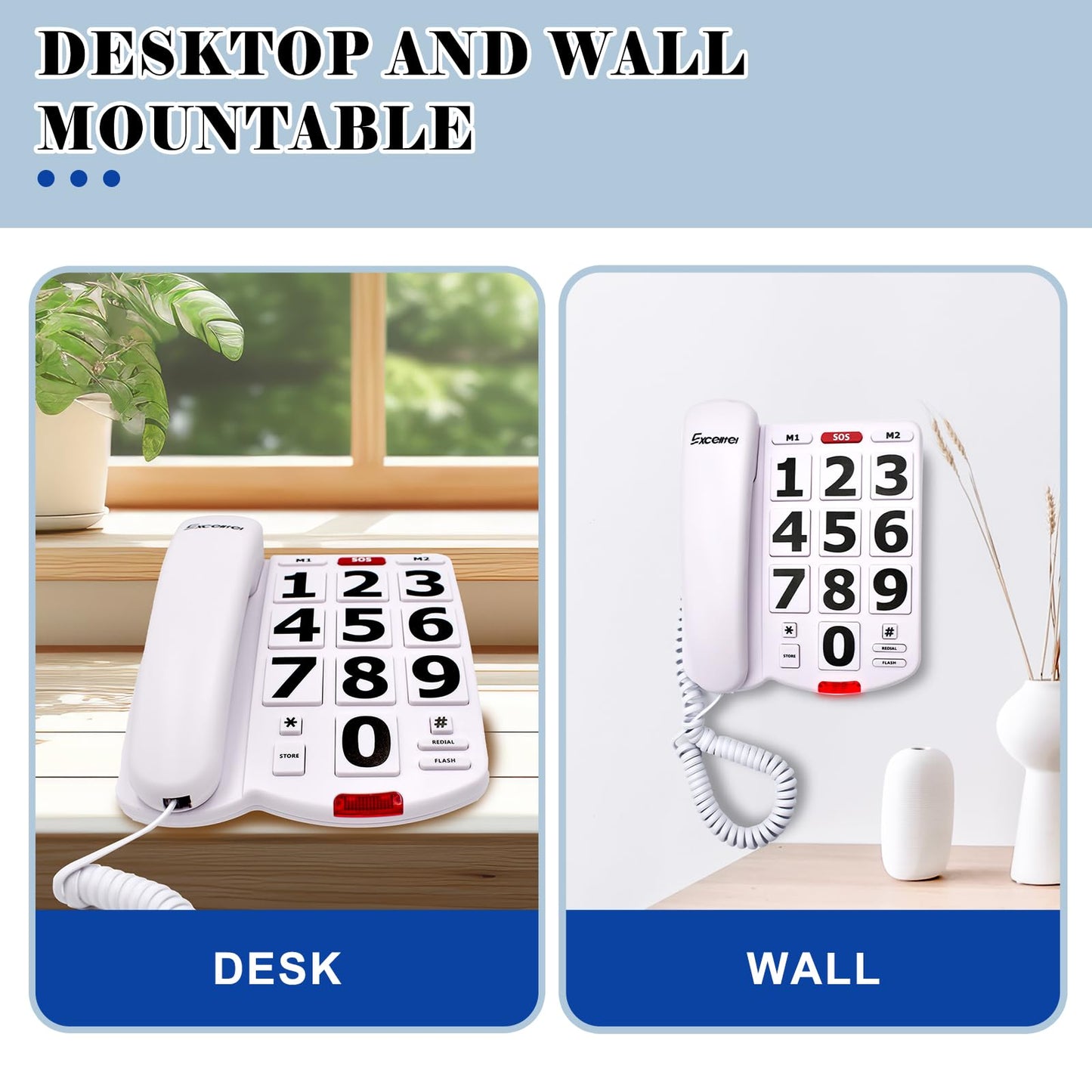 Excelltel Landline Phones for Seniors, Adjustability Features, One-Touch Dialling,Big Button Phone for Seniors, Hard of Hearing Retro Telephone Corded Phones, with Handsfree Function (EX-LD-265)