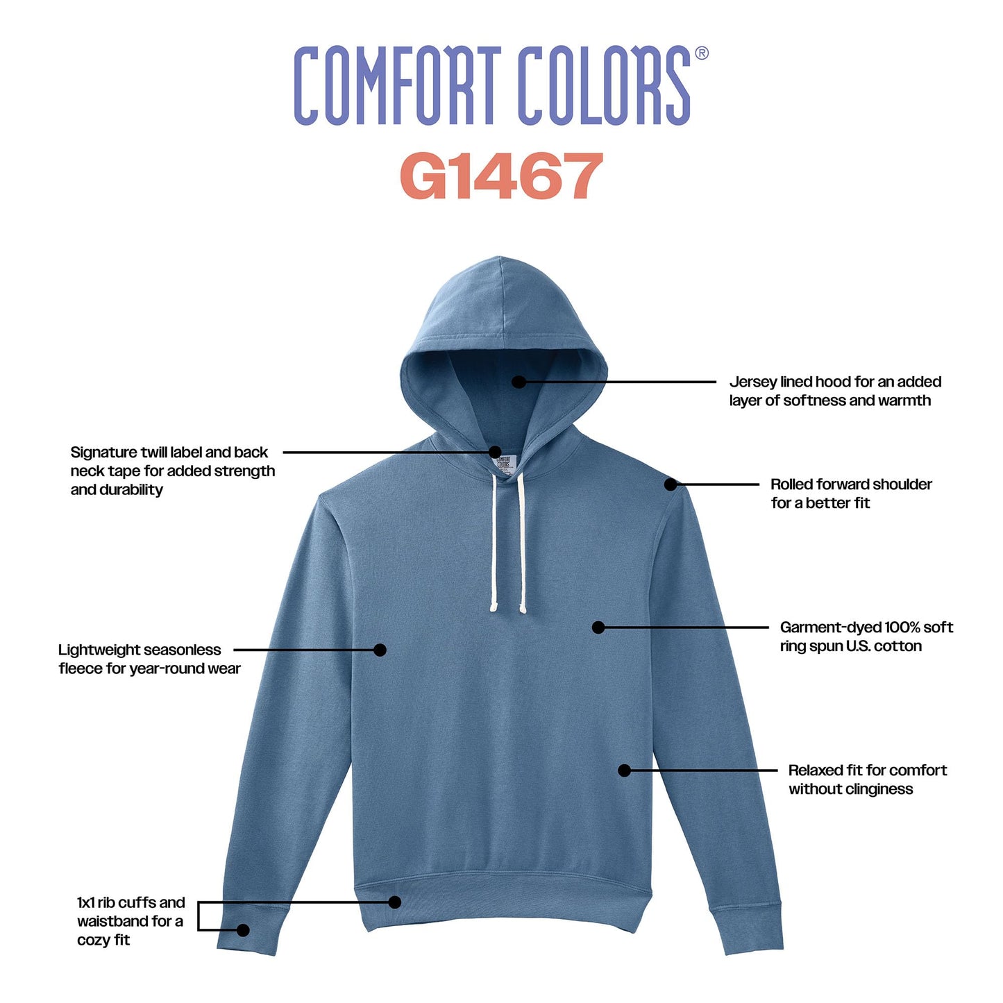 Comfort Colors Lightweight Cotton Hoodie Sweatshirt, Style G1467, White, Small