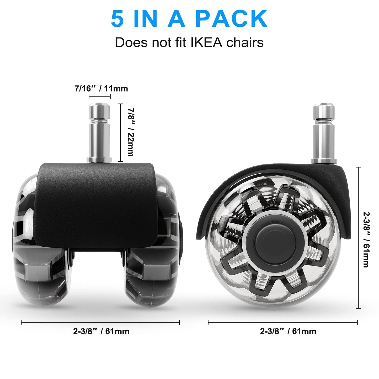 Office Chair Caster Wheels (Set of 5),Heavy-Duty Chair Wheels Support 2200lbs,Mute Rubber Chair Casters for Hardwood Floors and Carpet,2 Inch Universal Fit,casters for Hardwood Floors (Black)