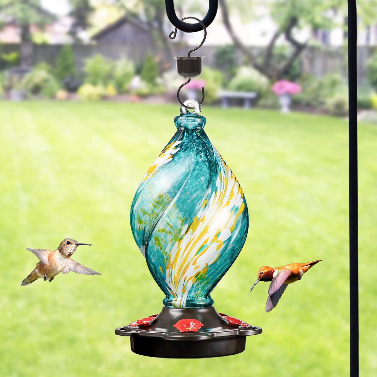 LUJII Ice Cream Shaped Spiral Hummingbird Feeder for Outdoors Hanging, Hand Blown Glass, 28 fl.oz, Leak Proof & Rustproof, Includes Metal Hook, Unique & Stylish Glass Art & Decor, Teal