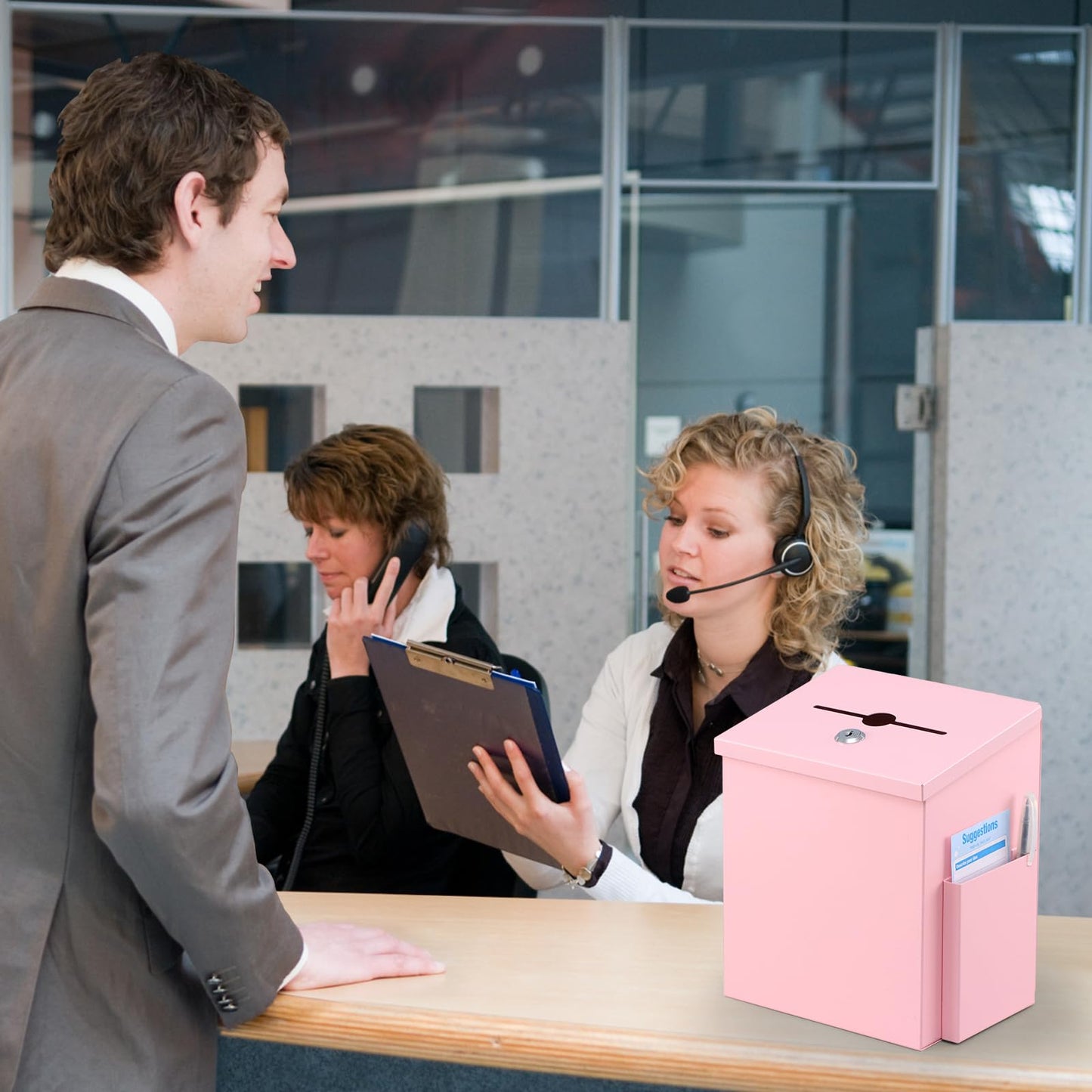 xydled Suggestion Box with Key Lock, Locking Metal Donation Ballot Drop, Comment Prayer Box with Slot for Office, Fundraising, Church, School, Home Use, Pink, 8.7 x 7.1 x 5.9 Inches