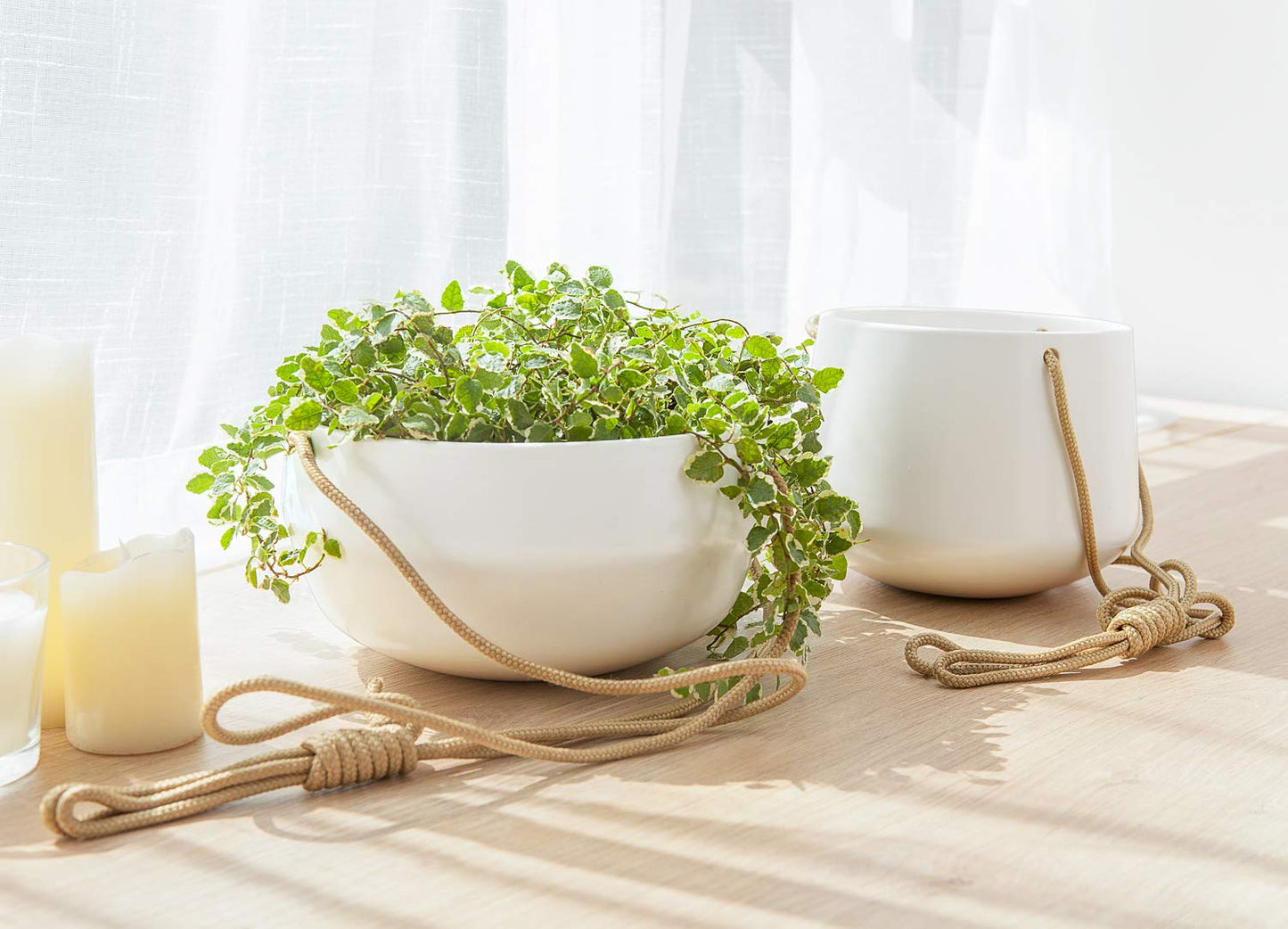 Mkono Ceramic Hanging Planter of Shallow 8 Inch and Deep 6 Inch for Indoor Outdoor Plants, Set of 2 Modern Plant Pot Geometric Porcelain Hanging Basket with Polyester Rope Hanger for Herbs Ferns Ivy