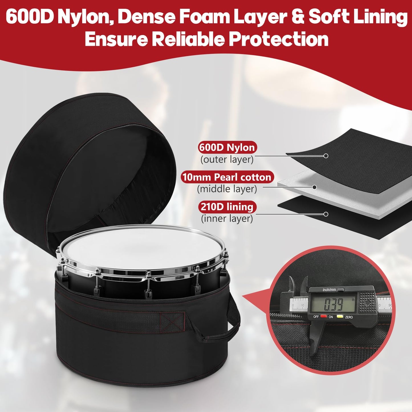 ORKELS Floor Tom Drum Bag – 10mm Padded Travel Case for Floor Tom or Bass Tom, Percussion Drum Gig Bag with Carry Handle for Drummers & Touring Musicians, For-16''x16''/16''x14''