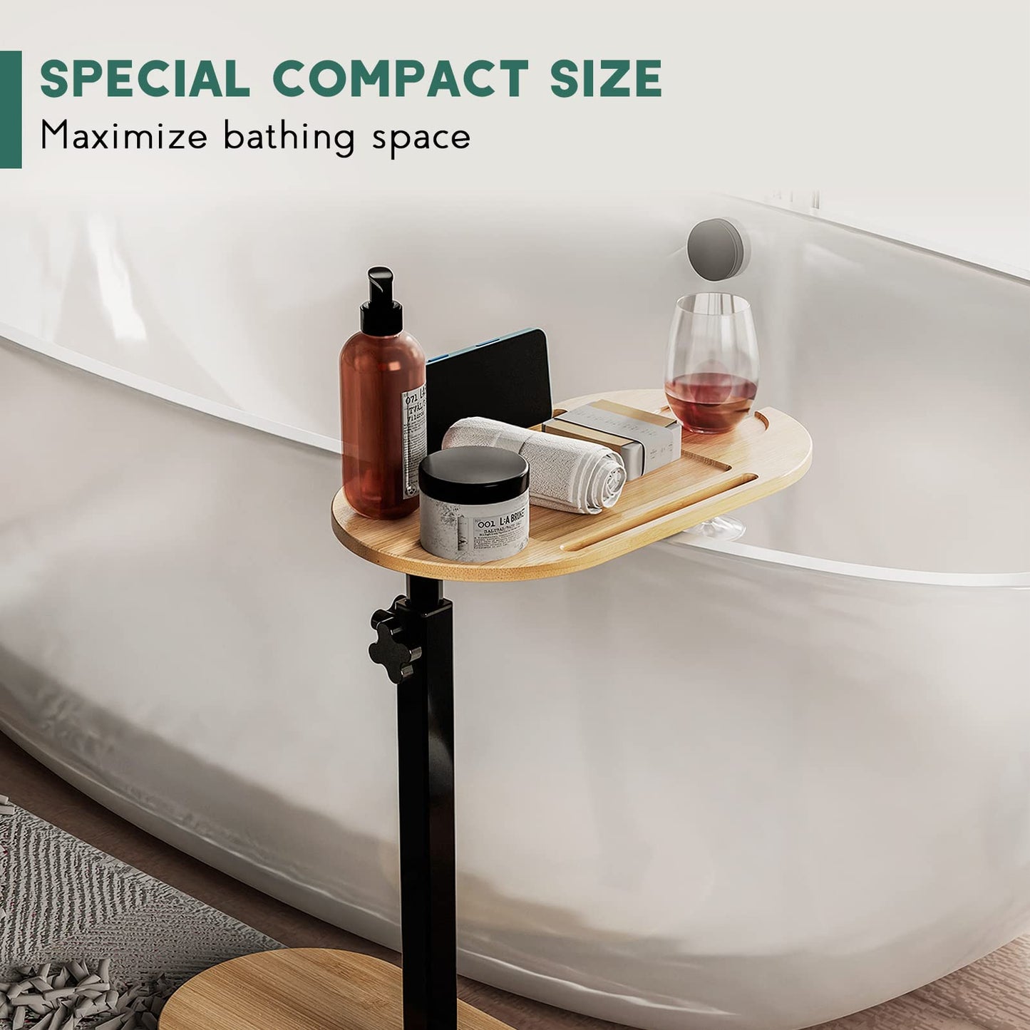Yumkfoi Bamboo Bathtub Tray Table with Adjustable Height, Freestanding Bath Caddy Tray for Tub Against Wall, Bathtub Side Table for Luxury Bath Home Spa and Gift Choice - Patent Protected (Natural)