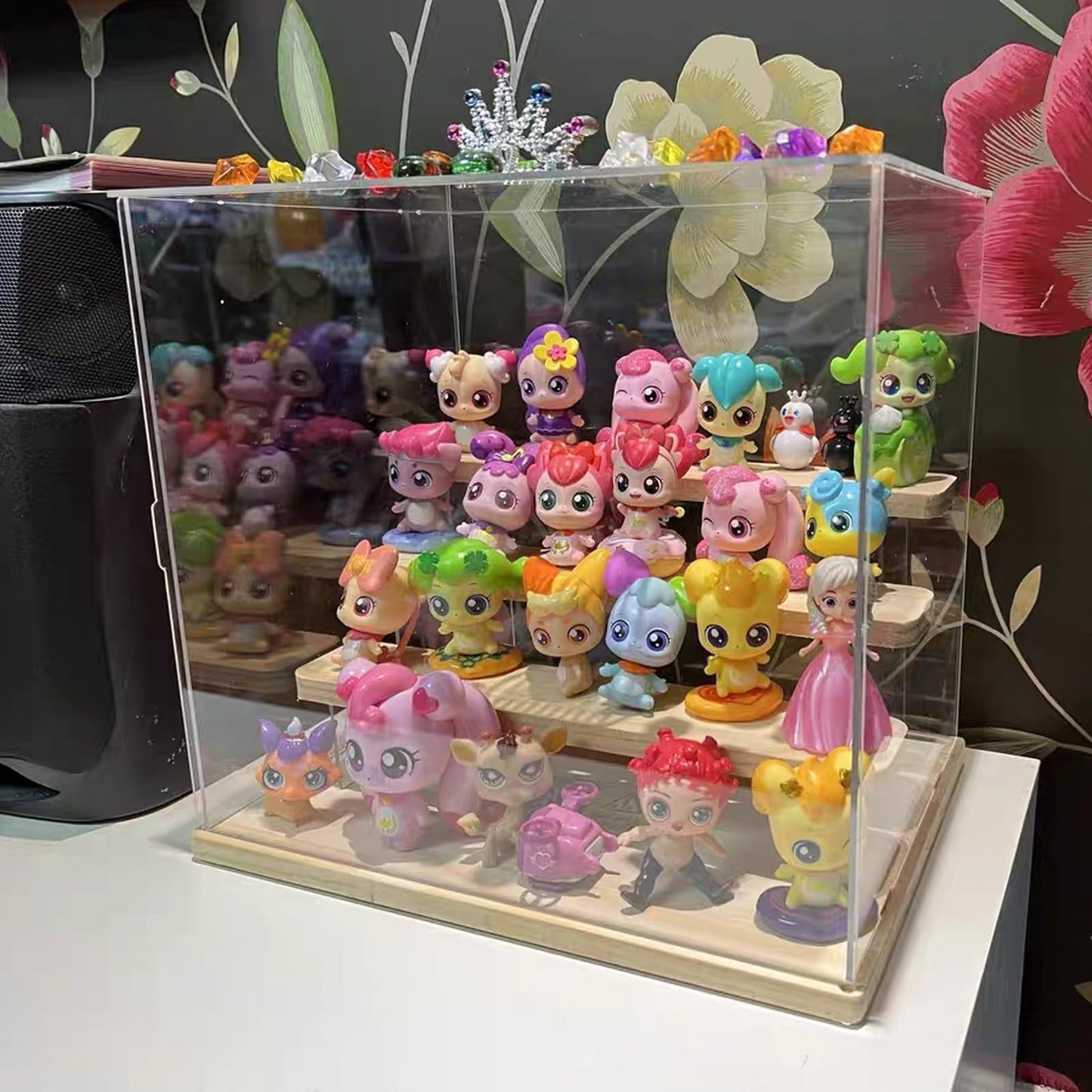 Clear Acrylic Display Case for Funko Pop Figures with Light, 3 Layer Stand Storage Cabinet Shelf Risers Protection Showcase Large Dustproof for Toys Collectibles Rock Stone Crystals, Wooden 32x26x29cm