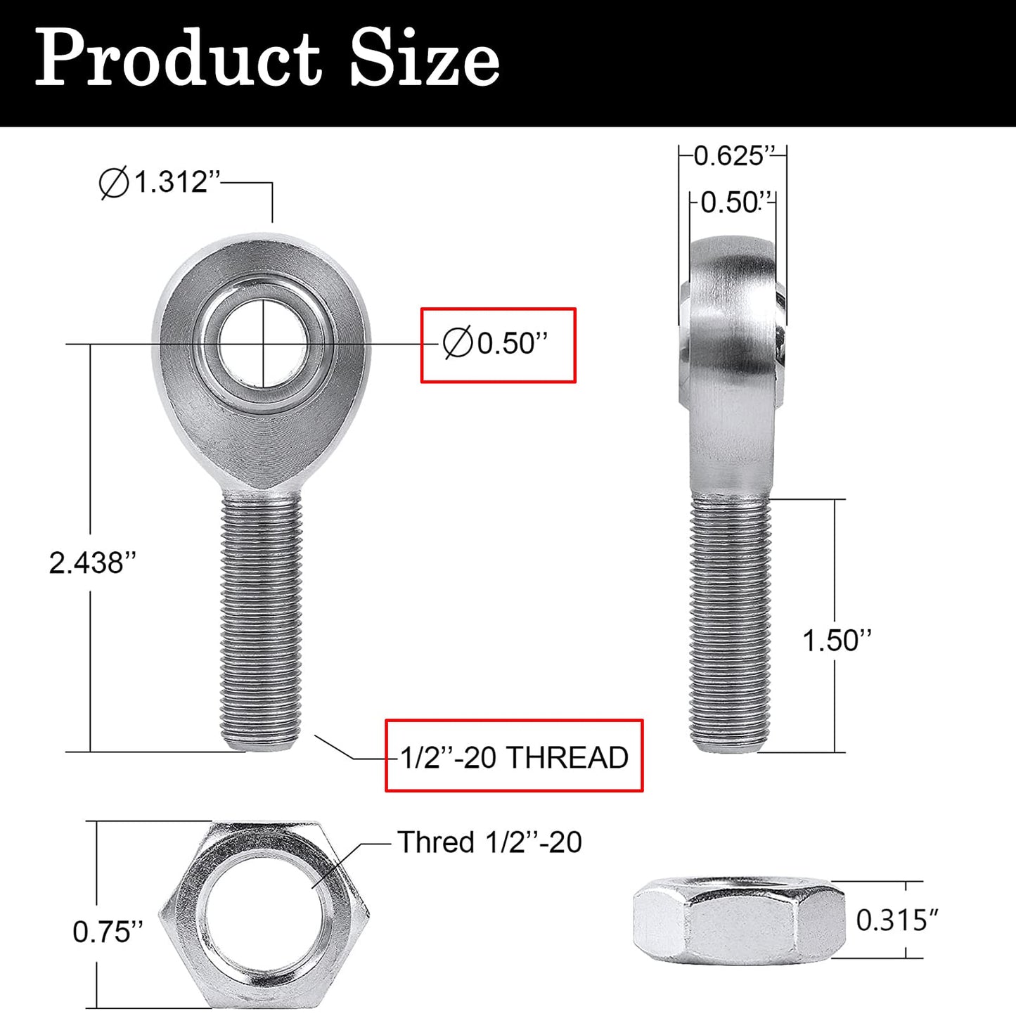 GaiRen 1/2” Heim Joints Kit, 0.5” Rod End Chromoly Joints Panhard Kit Right and Left Hand Thread with Jam Nut and Bung (2 Pair)