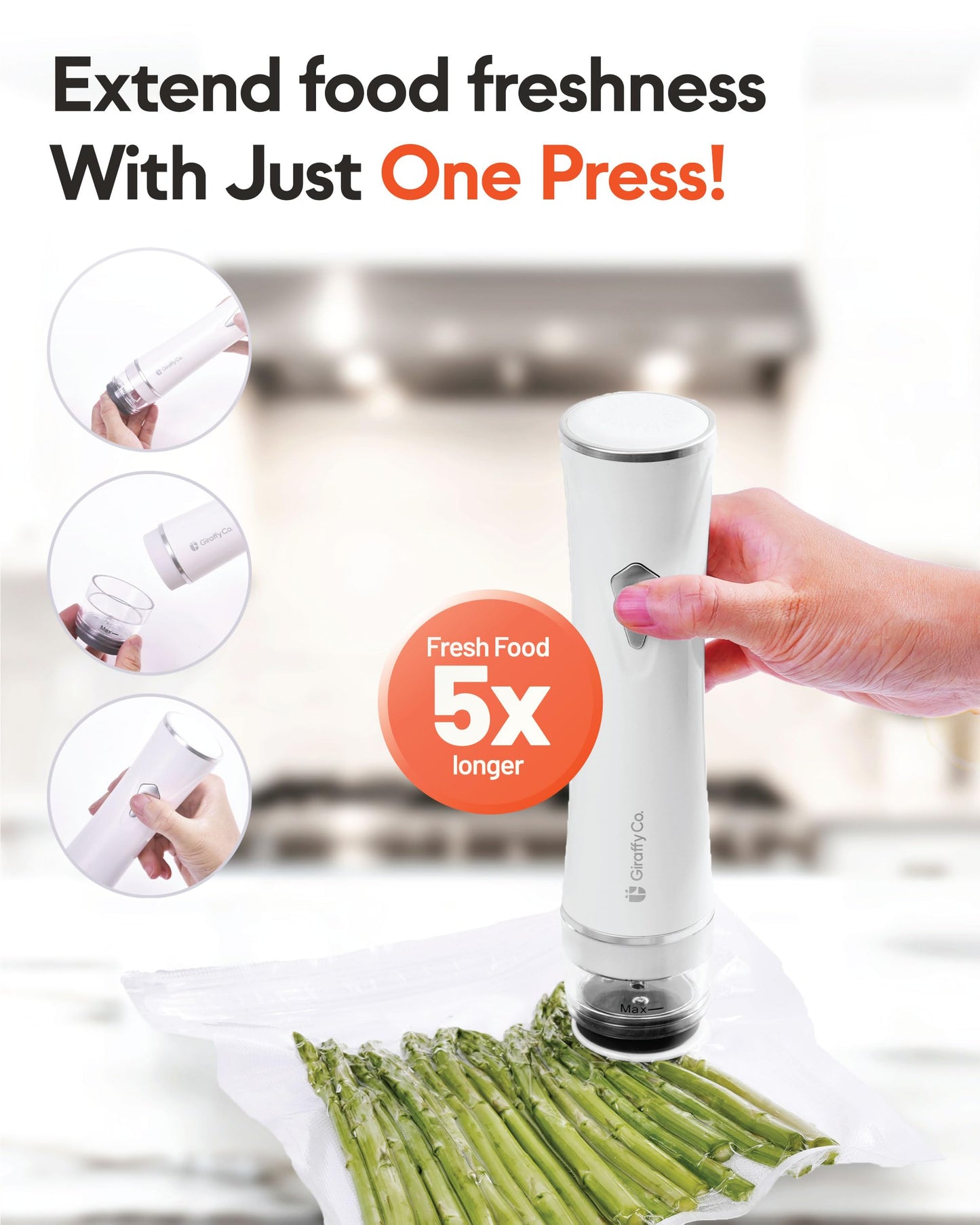 Giraffy Co. Vacuum Sealer Set with Visible Water Tank, 30 Reusable Bags (S, M, L - 10 Each), Foldable Drying Rack, and Charging Cable – Compact & Powerful Handheld Food Sealer for Freshness