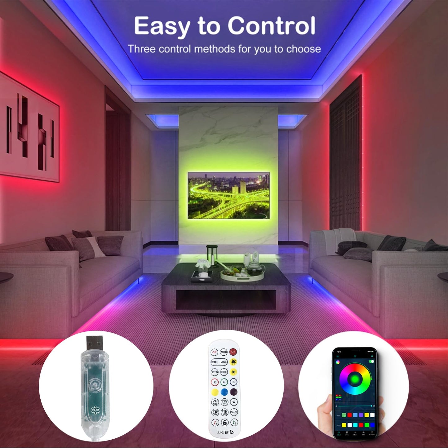 50FT LED Strip Lights IP68 Outdoor Waterproof, 5V USB Powered, Music Sync Bluetooth APP/RF Remote Control Lights for Balcony,Deck,Camping,Garden,Bedroom Decor