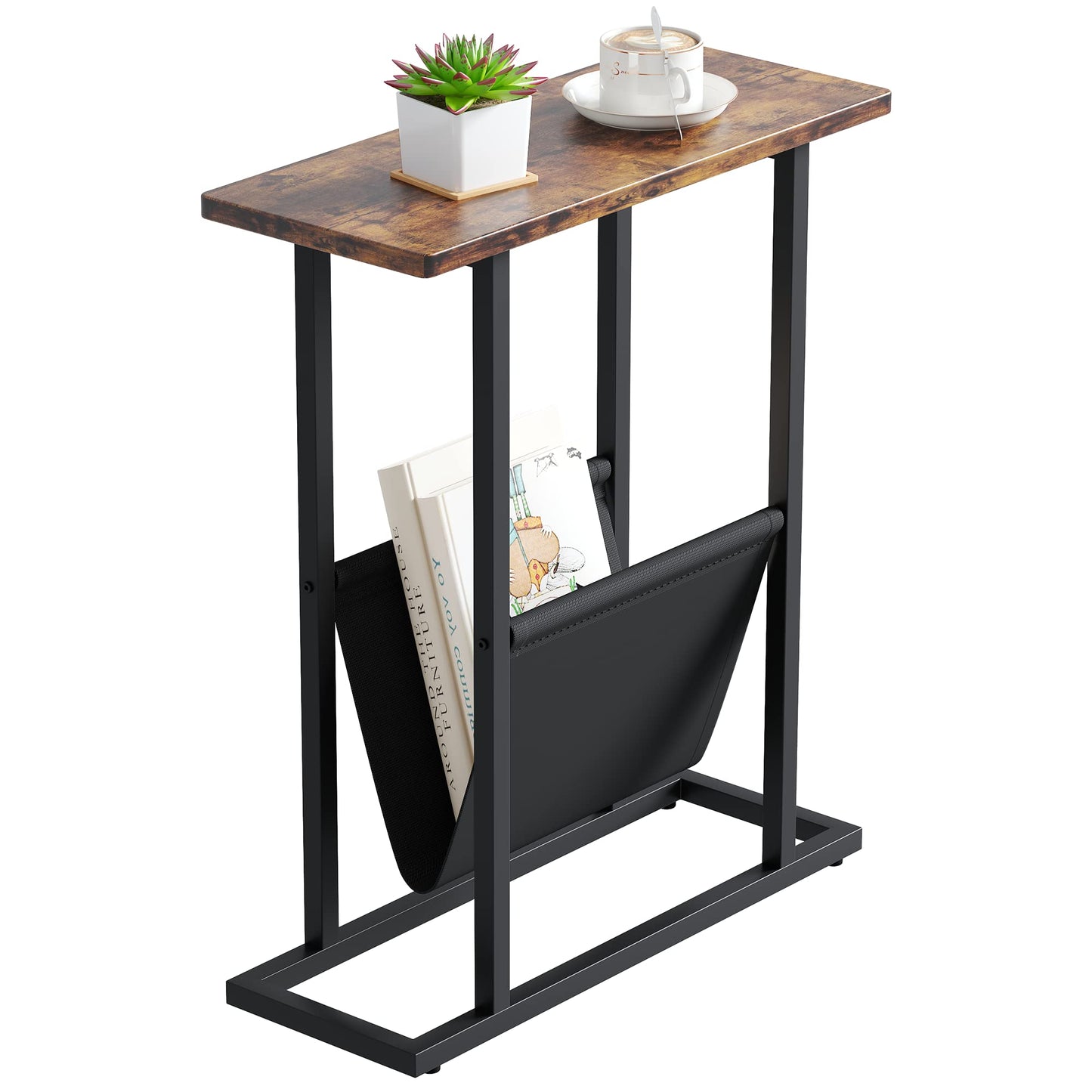 Yusong Narrow End Table, Small Side Table with Magazine Holder for Small Space, 16.5" W Couch Table Slim Skinny Sofa Beside Table Nightstand Table for Living Room,Rustic Brown