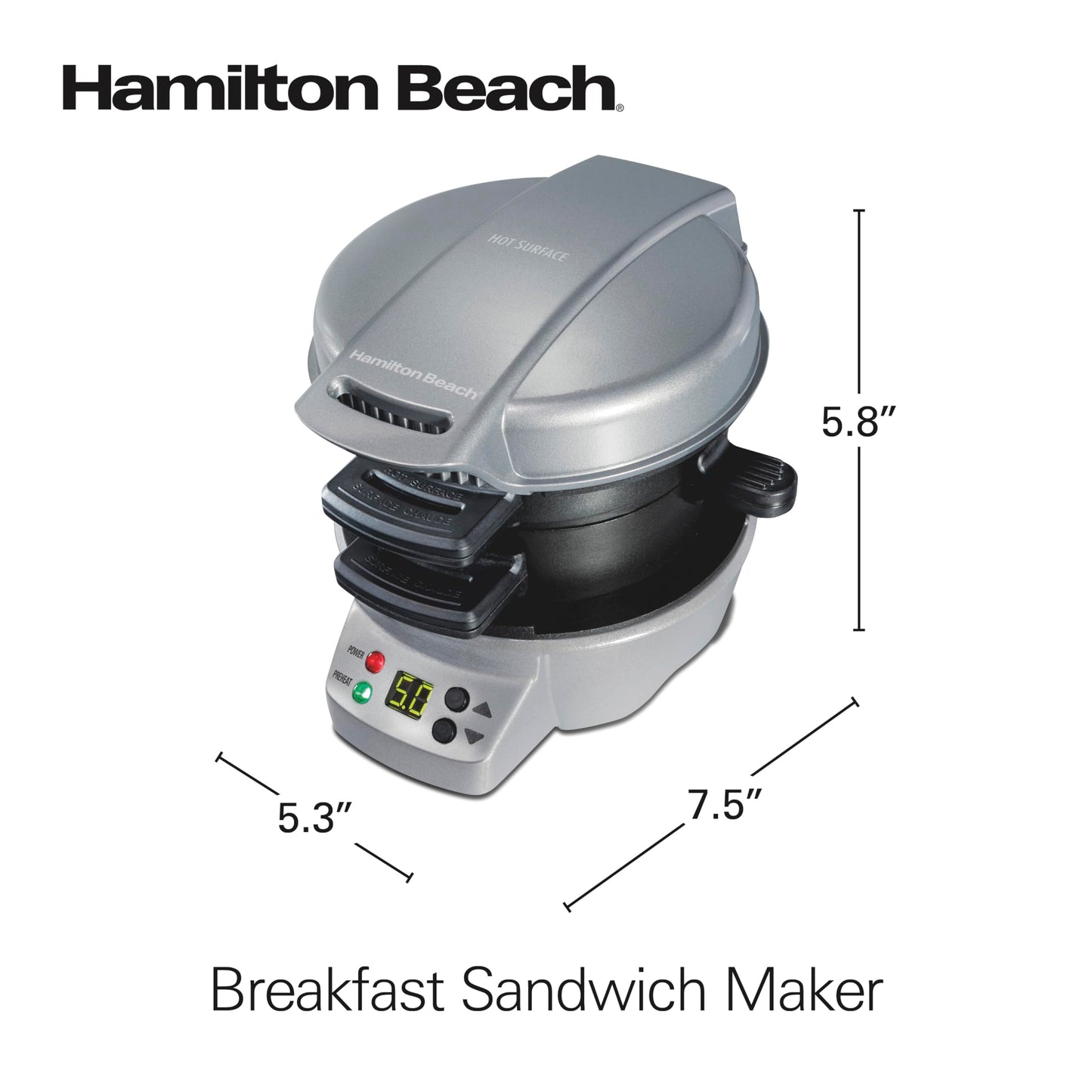 Hamilton Beach Breakfast Sandwich Maker with Egg Cooker Ring, Customize Ingredients, Perfect for English Muffins, Croissants, Mini Waffles, Perfect White Elephant Gifts, Silver (25478RC)
