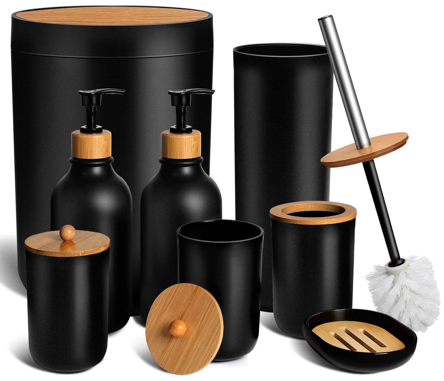 KASUNTING Black Bathroom Accessories Set 8 PCS, Matte Black Bathroom Accessory Sets Complete with Trash Can, Soap Dispenser and Toothbrush Holder Set, Soap Dish, Qtip Holders, Toilet Brush Holder
