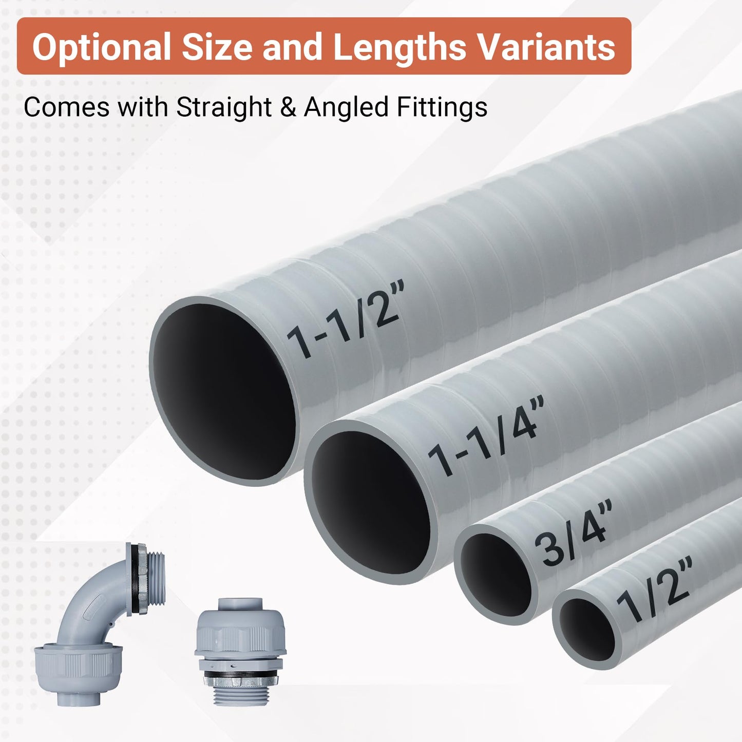 Neorexon Liquid-Tight Conduit and Connector Kit 1/2inch 25ft, Flexible Non Metallic Liquid Tight Electrical Conduit w/UL Certification, Electrical Conduit Kit with 5 Straight, 5 Angle Fittings