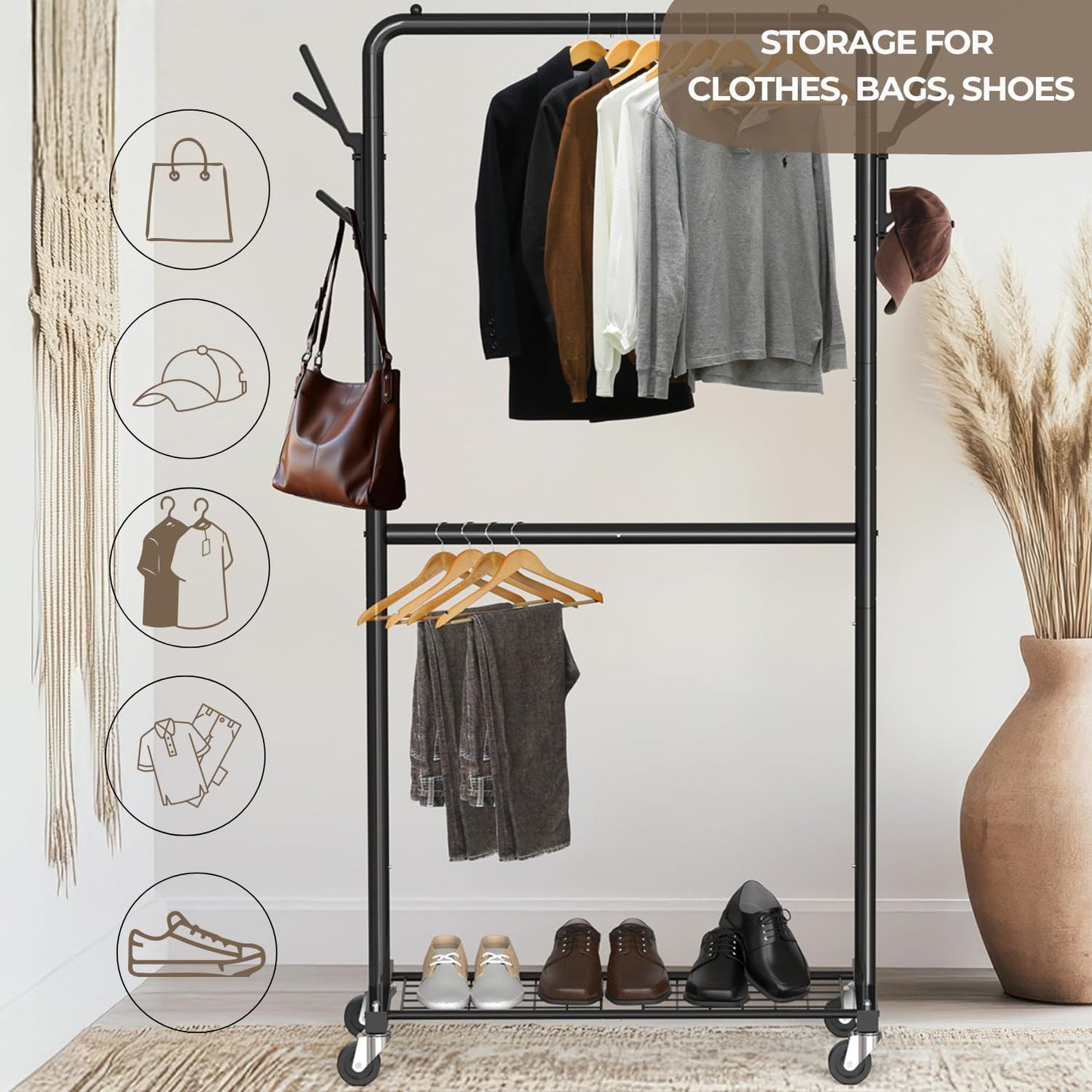 Simple Houseware Double Rod Clothes Rack with Wheels, Hooks & Shelves, Heavy-Duty Metal Garment Rack Organizer, Black