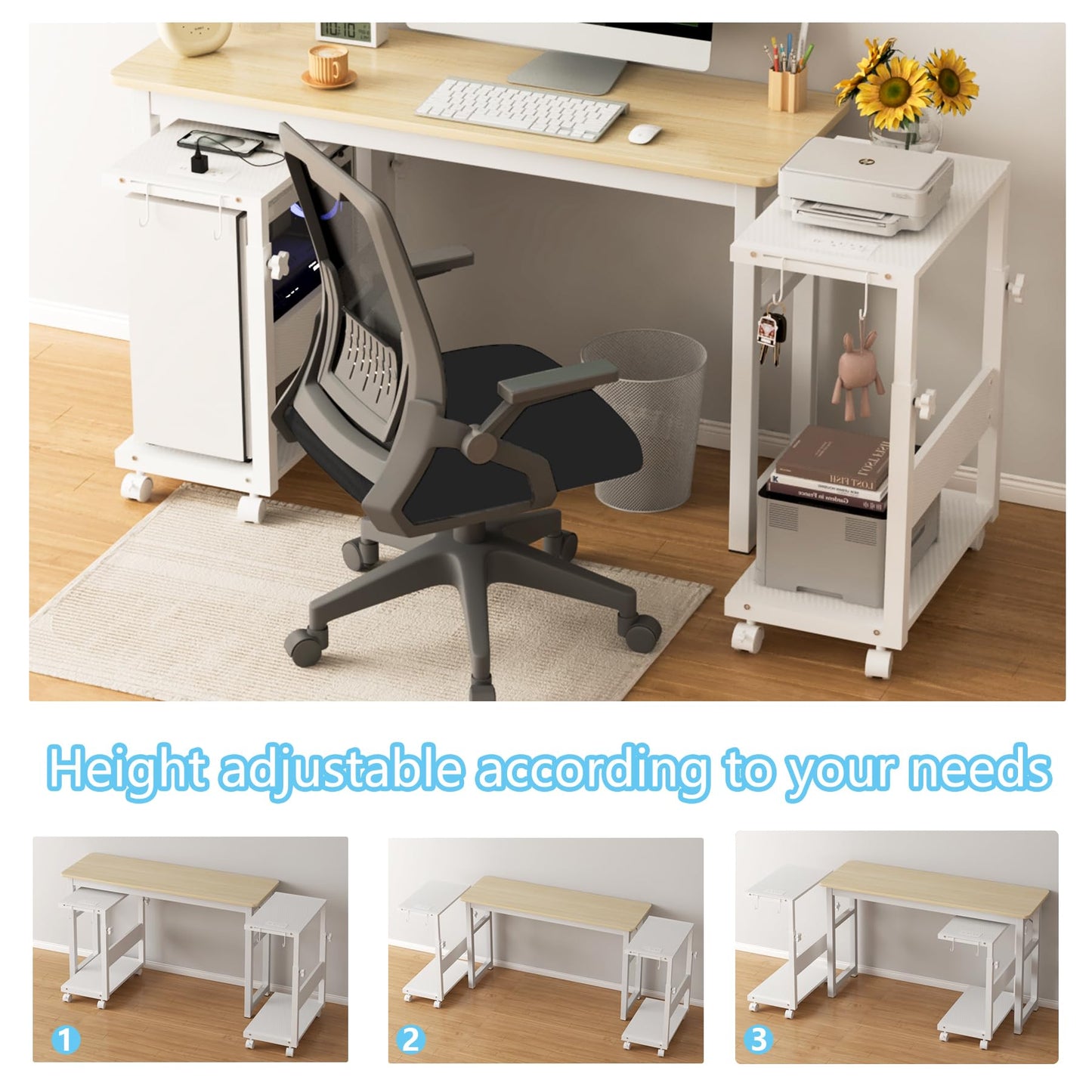Computer Tower Stand with LED Light Strip,Mobile Rolling CPU Holder,Height Adjustable PC Tower Stand with Charging Station for Office Home (White)