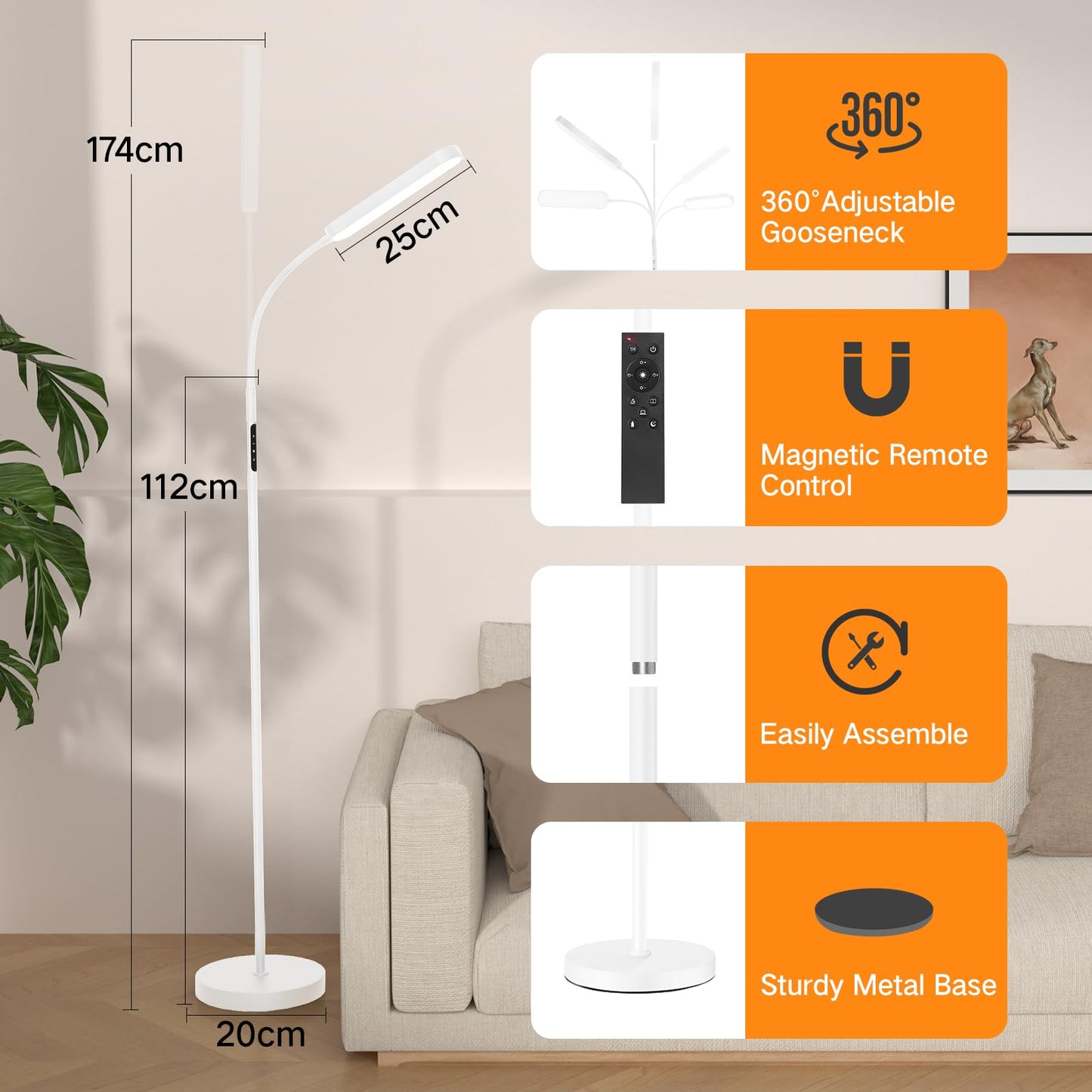 OUTON LED Floor Lamp 15W 1500LM, Dimmable Modern Standing Lamp with 4 Color Temperature, Remote & Touch Control, 1 Hour Timer, Adjustable Gooseneck for Reading Living Room Bedroom Office, White