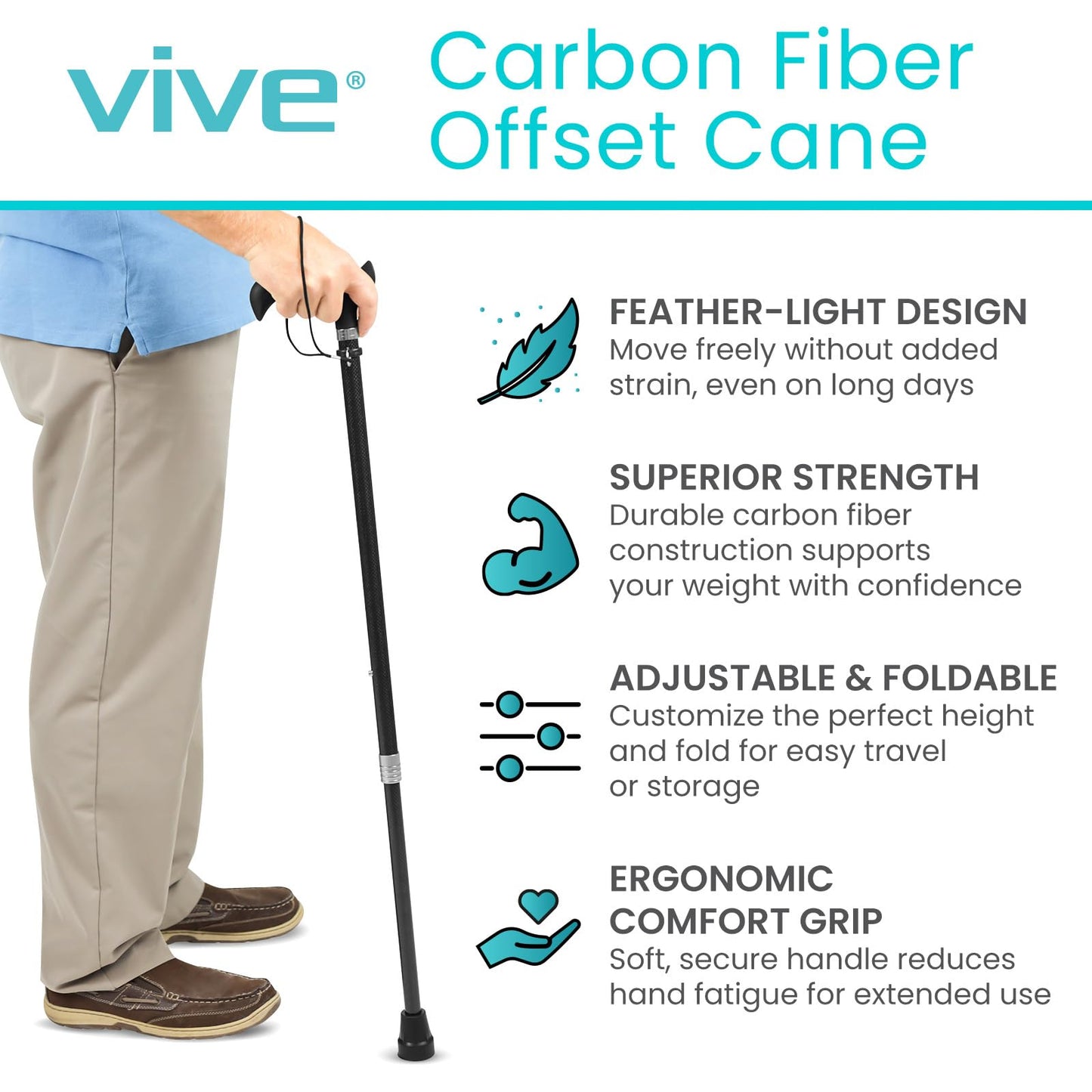 Vive Adjustable Walking Cane, Carbon Fiber - Lightweight Stick for Men, Women - Mobility Aid, Adjust Height, Rubber Tip-Portable Hurry Support for Seniors, Elderly, Balance-Ultra Light, Soft Hand Grip