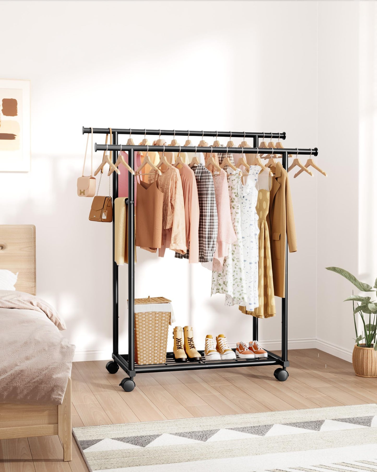 Sakugi Clothing Rack - Double Rod Coat Rack with Fixed Extension Bar, Built-In Mesh Shelf & Lockable Wheels, Multi-Purpose Clothes Rack for Bedroom, Laundry, Entryway, 98cm x 42cm x 150cm, Black