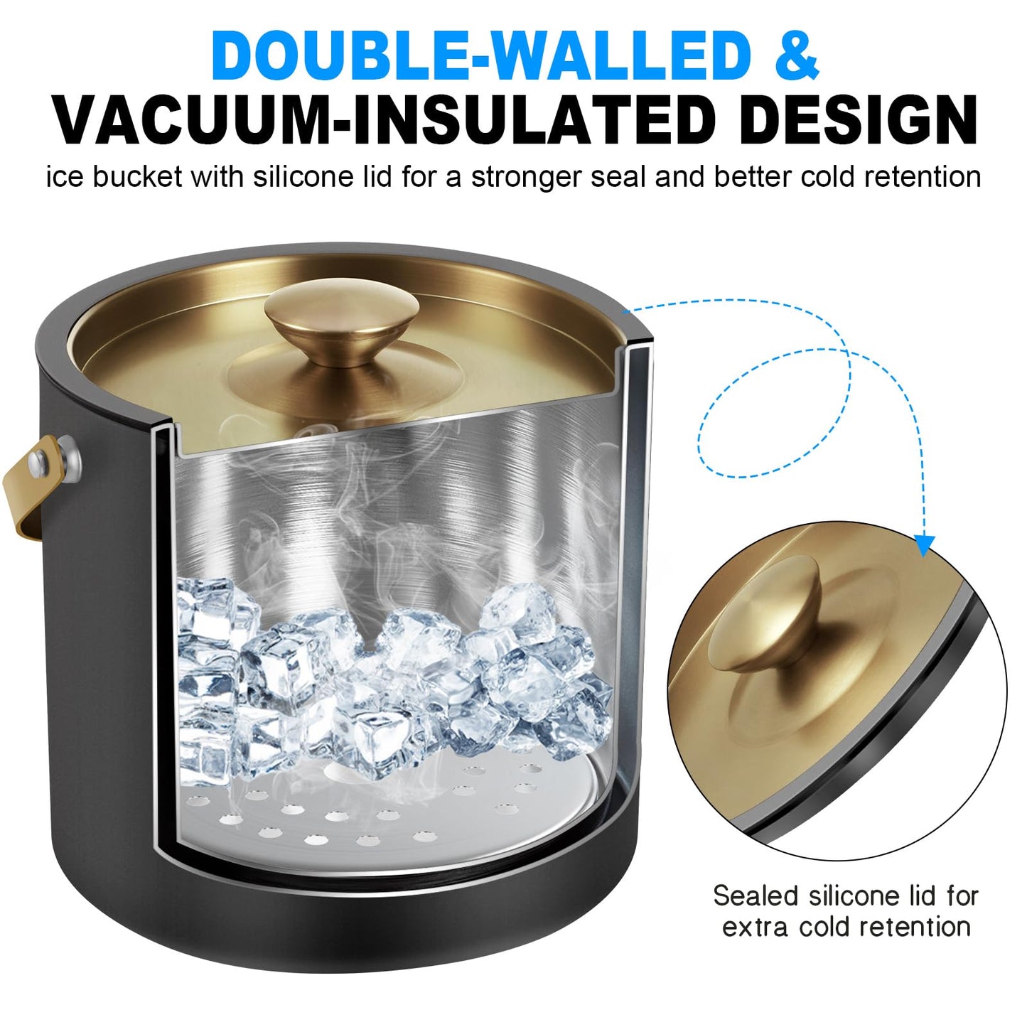 3.2L Modern Insulated Ice Bucket with Silicone Lid, Scoop, Strainer, Double Wall Stainless Steel Ice Bucket for Parties & Cocktail Bar,Ideal for Gift