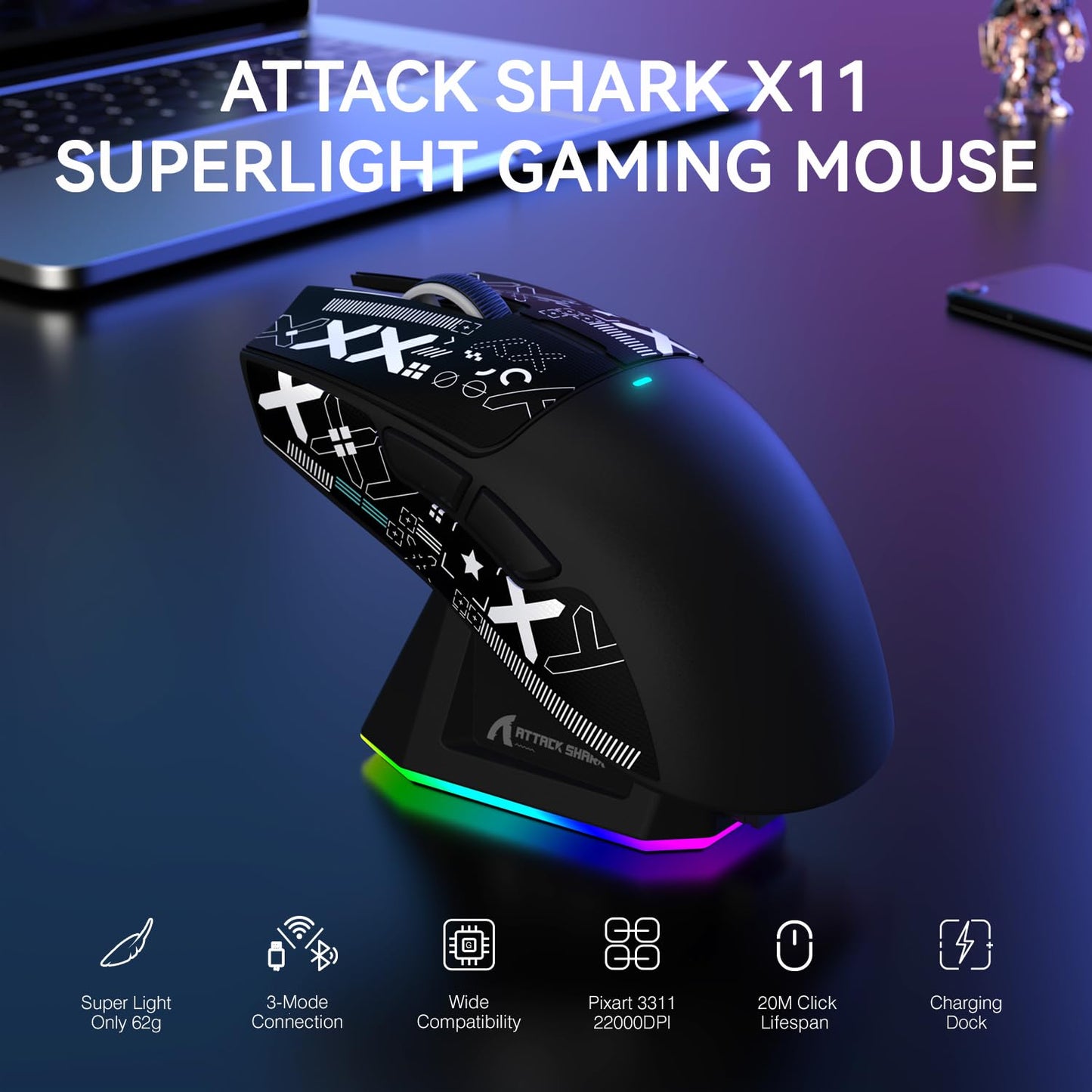 ATTACK SHARK X11 Lightweight Wireless Gaming Mouse with RGB Charging Dock,Tri-Mode-2.4G/USB-C Wired/BT,22K DPI,PAW3311 Optical Sensor,HUYU Switch, 5 programmable Buttons for PC/Mac(Black&Sticker)