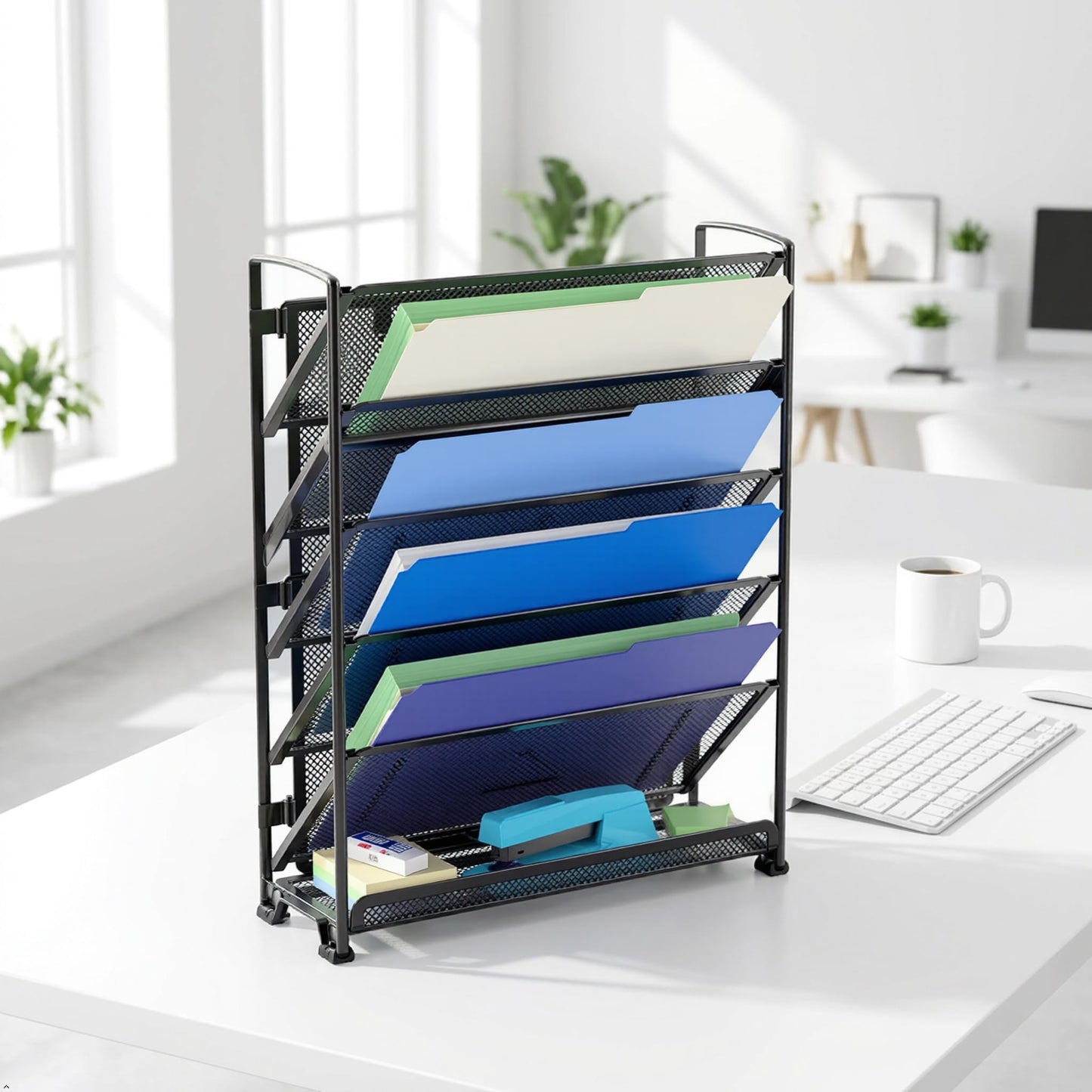 Simple Houseware 6-Tier Mesh Wall Mount File Organizer & Desktop Paper Holder - 5 Tilted Trays + 1 Flat Bottom Tray, Wall Mount Hardware Included, Black