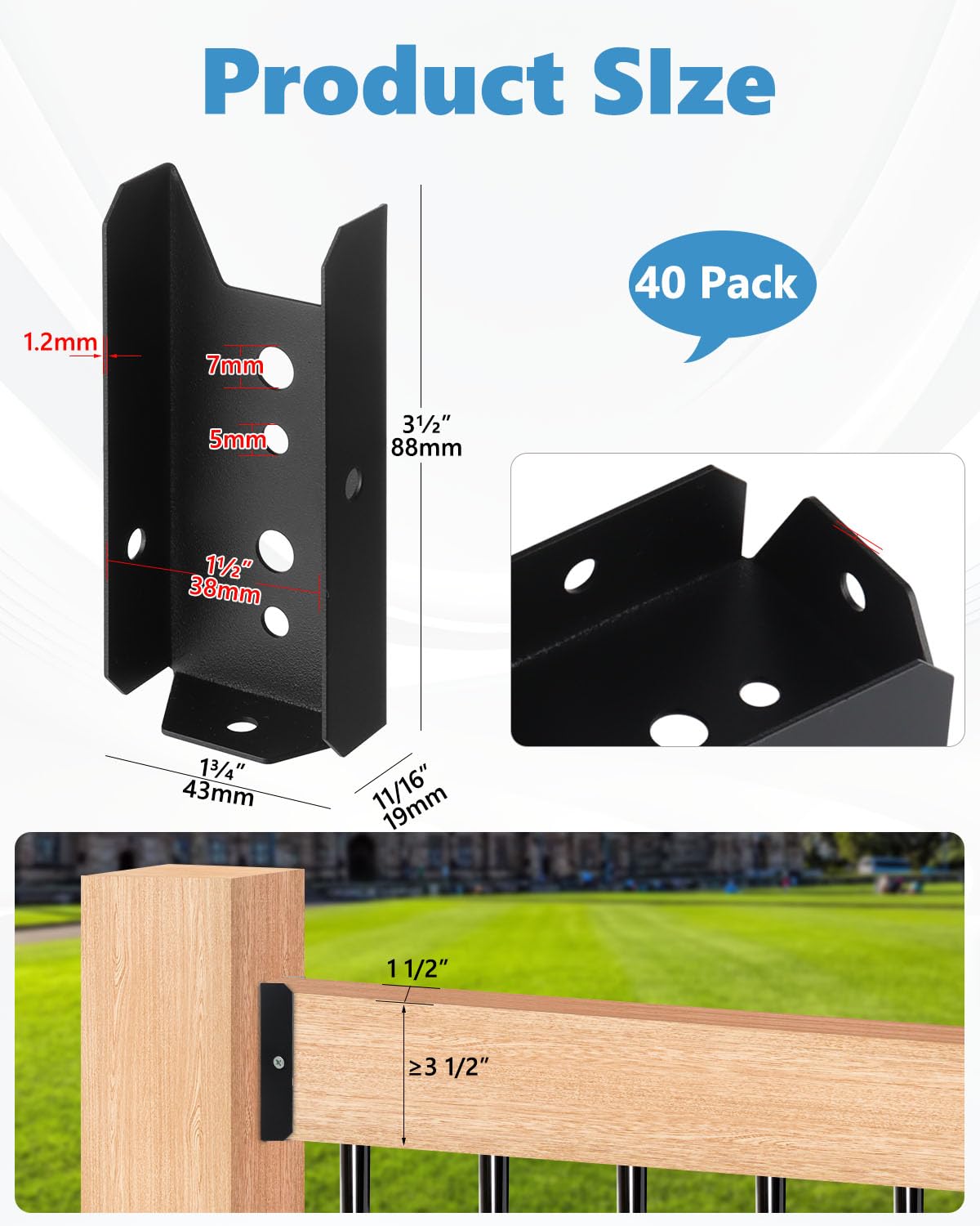 AOKLIT 2x4 Fence Brackets for Wood Rail, 40 Pack Black Deck Railing Brackets for 2” X 4” Wood Post, Thickness1.2mm(18 Gauge) Fence Brackets, Screws Not Included