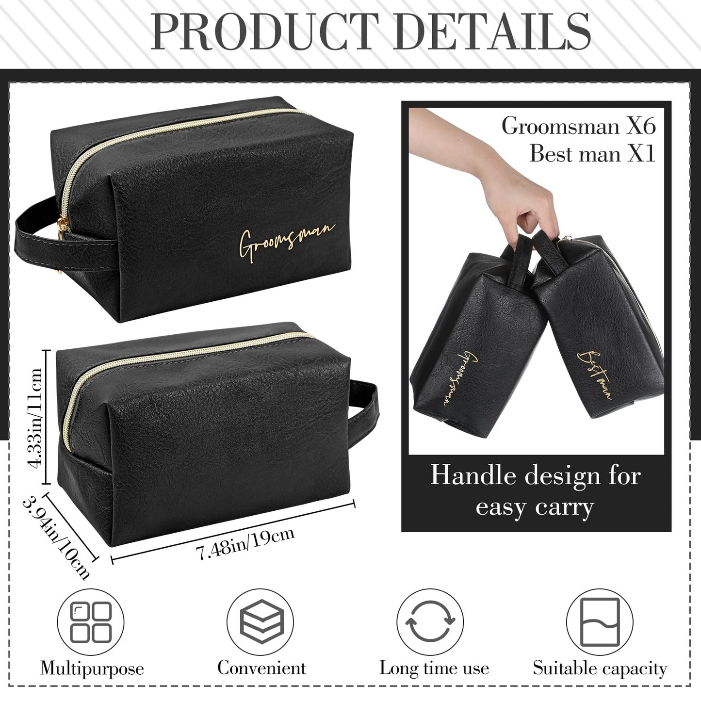 Amylove 7 Sets Man Gifts Men Toiletry Bag for Men Wedding Proposal Gift for Best Man PU Leather Cosmetic Bags with Zipper Bowknot Greeting Card Wedding Toiletries Accessories(Black)