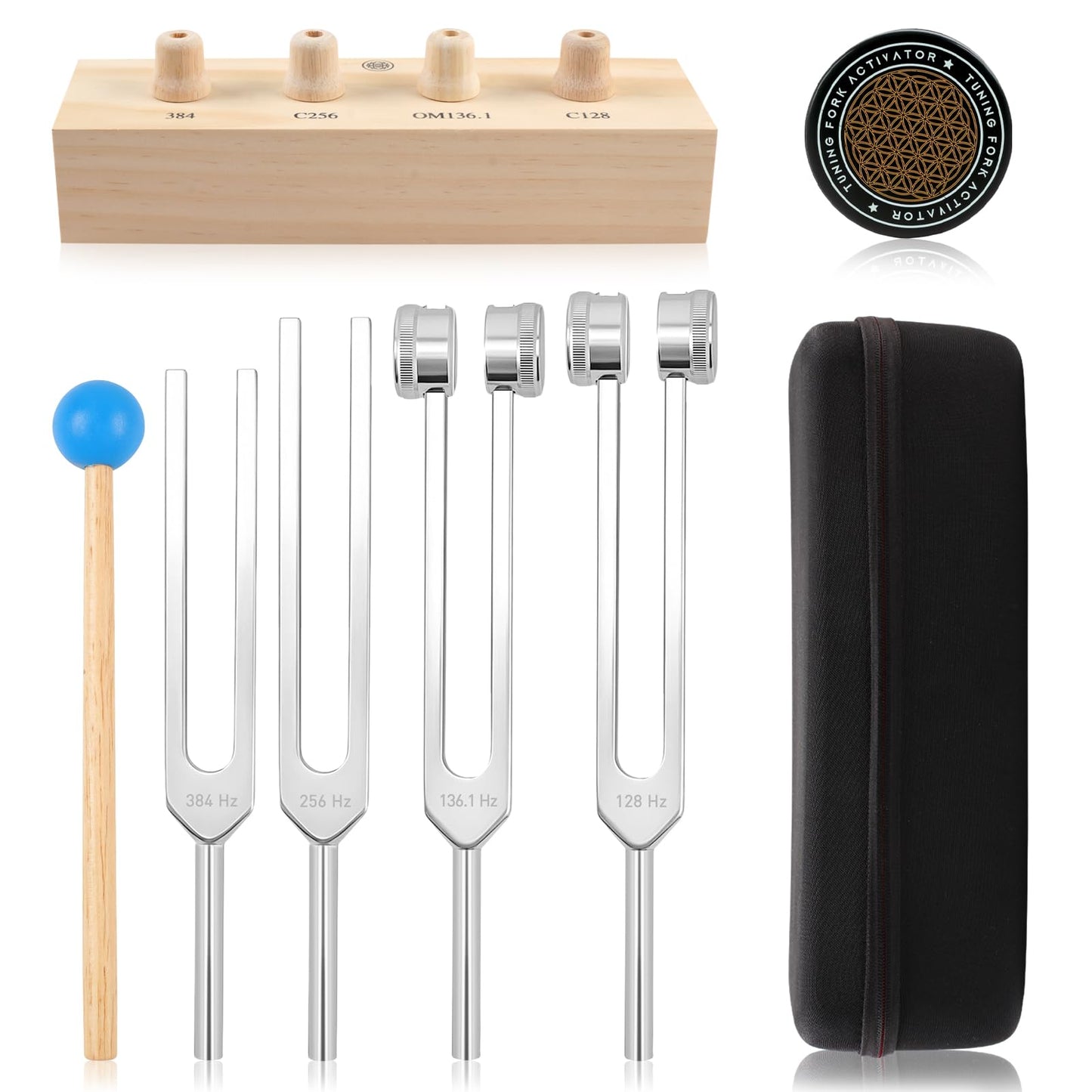 Tuning Forks for Healing Set – Includes 128Hz, 136Hz, 256Hz, 384Hz & Activator, Bamboo Base, Rubber Hammer, Portable in Black Luggage – Sound Healing Instruments for Chakra, Yoga, and Meditation