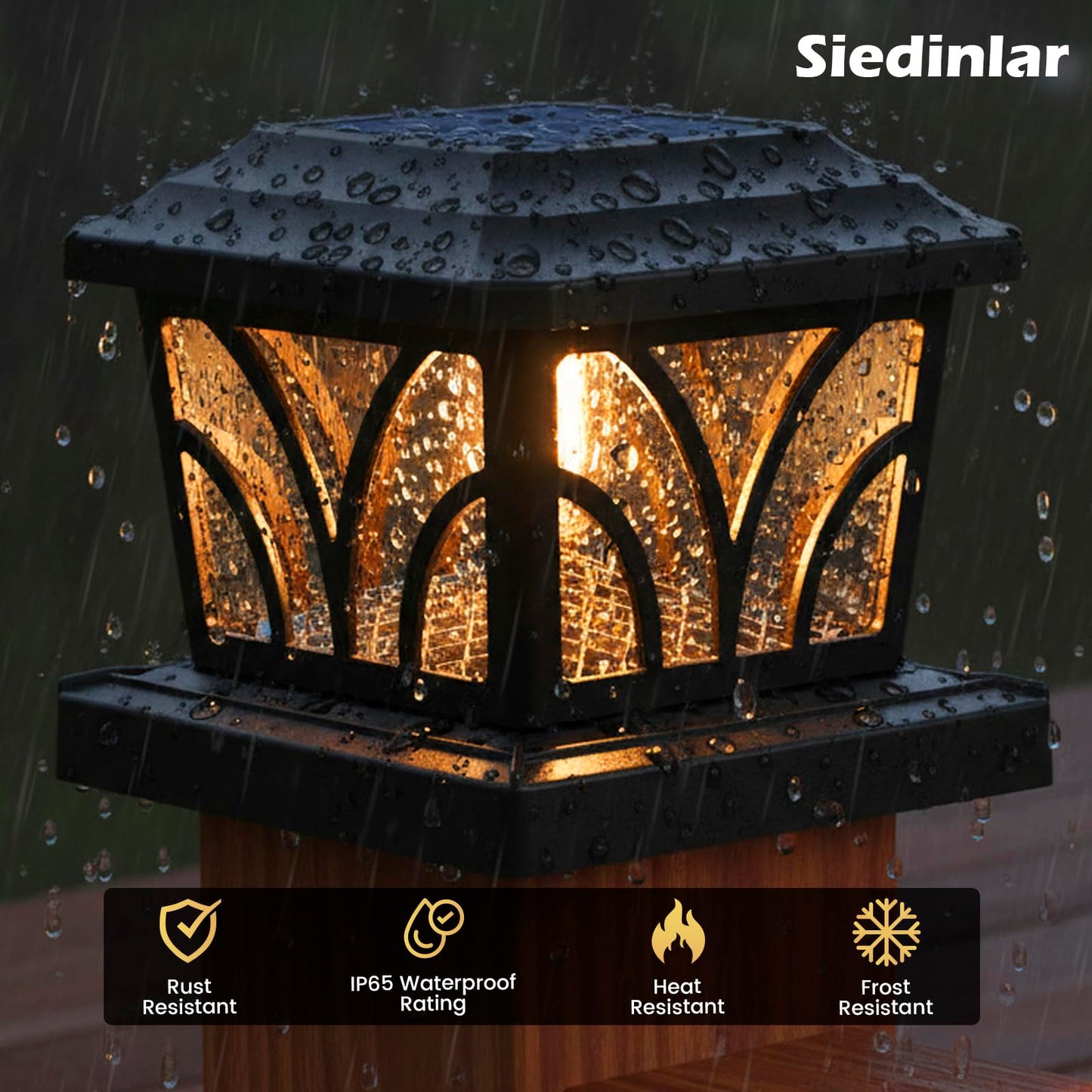 SIEDiNLAR Solar Post Cap Lights Outdoor, Aluminum Glass 2 Modes Fence Post Caps for 4x4 5x5 6x6 Vinyl Wooden Posts Fence Deck Patio Decor, Warm White/Cool White Lighting 2 Pack (Black)