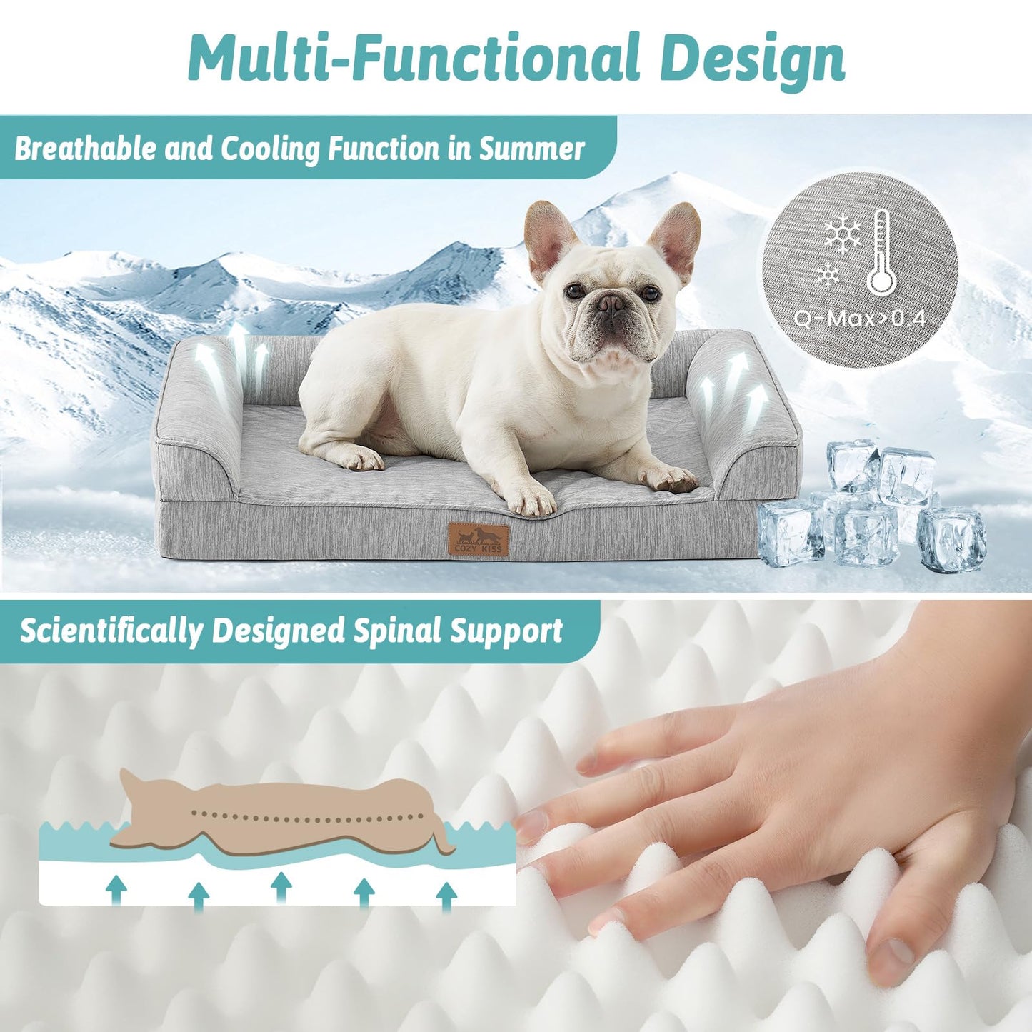 Cooling Dog Bed, Orthopedic Memory Foam Dog Bed with Sides, Comfy Pet Bed with Washable Cover, Waterproof Lining and Nonskid Bottom, Cooling Bed for Medium Dog, Silver Grey (36" L x 27" W x 6.5" Th)