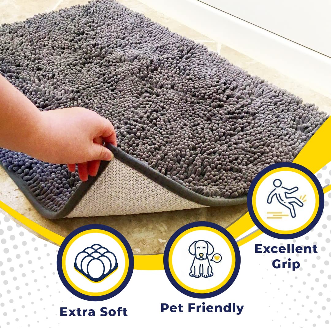 Muddy Mat® AS-SEEN-ON-TV Highly Absorbent Microfiber Door Mat and Pet Rug, Non Slip Thick Washable Area and Bath Mat Soft Chenille for Kitchen Bathroom Bedroom Indoor and Outdoor - Grey Large 35"X24"