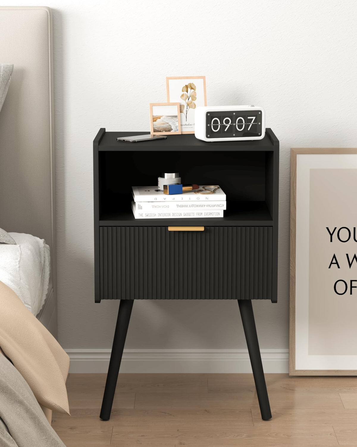 Black Nightstand,Modern Bedside Table with Storage Drawer and Open Wood Shelf, for Living Room, Bedroom and Small Spaces, Accent Night Stand with Solid Wood Legs, Easy Assembly,Classic Black