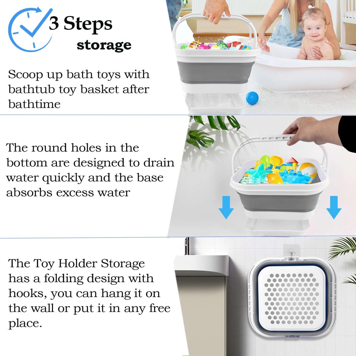 Bath Toy Storage Organizer - Foldable Bath Toy Holder for Bathtub, Bathtub Toy Storage with Removable Drying Base, Bathroom Toy Storage with 2 Hooks